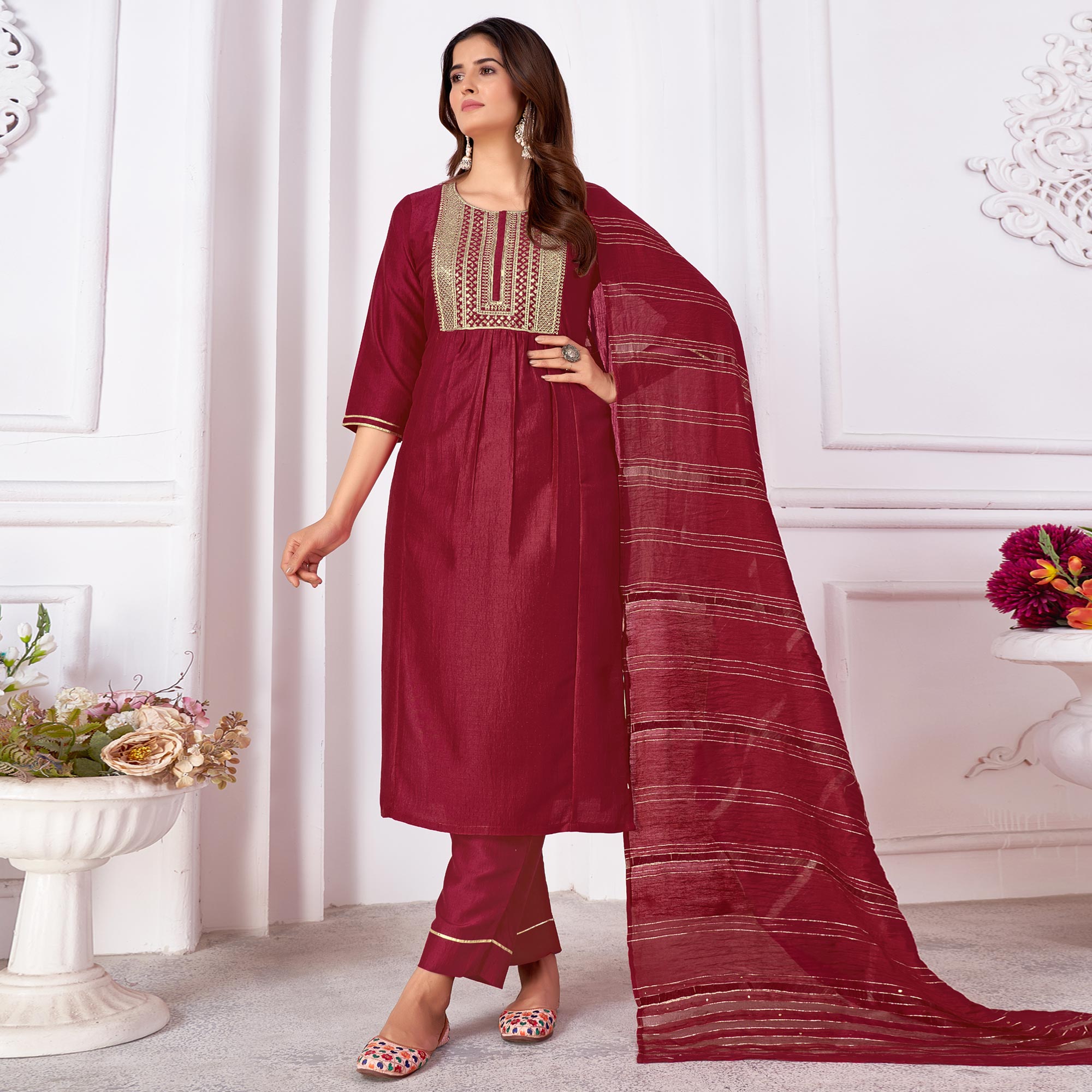 Maroon Embroidered Art Silk Salwar Suit