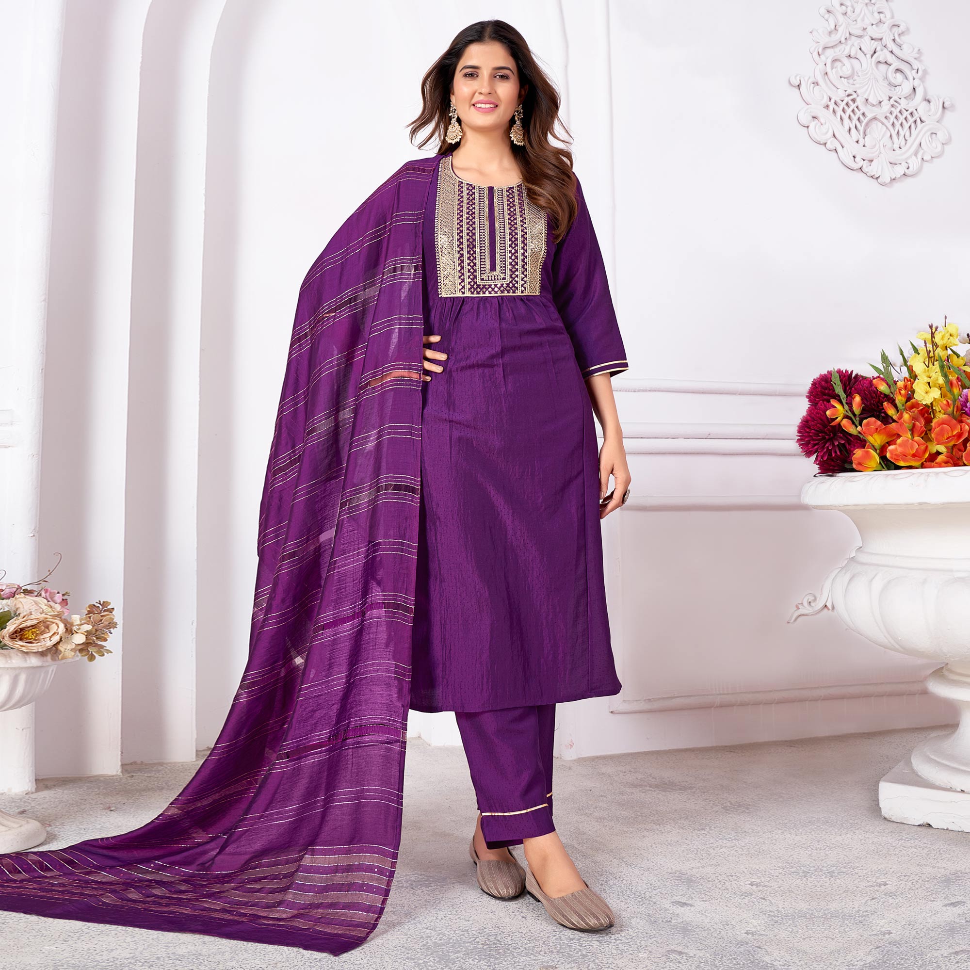 Purple Embroidered Art Silk Salwar Suit
