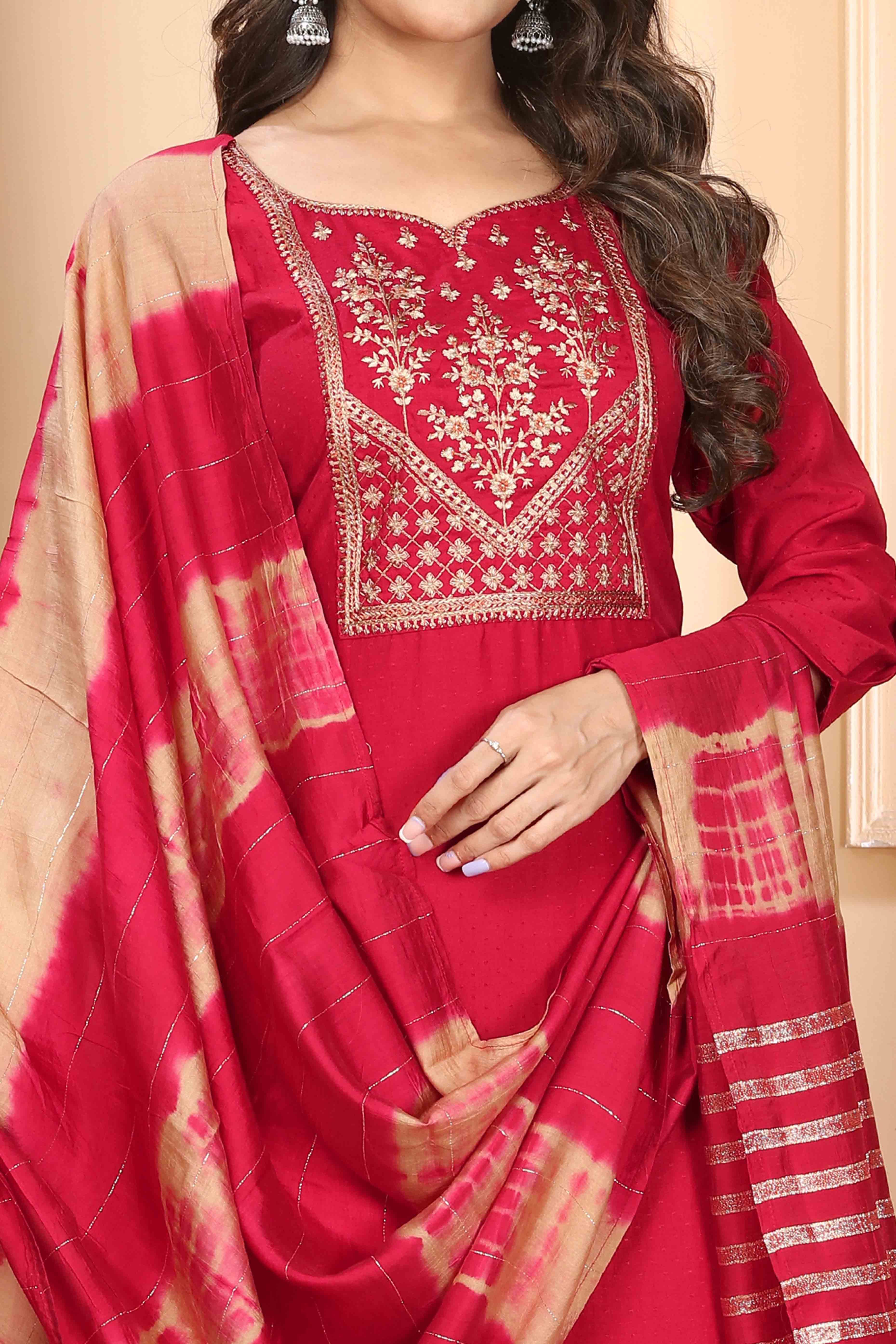 Red Yoke Embroidered Viscose Straight Salwar Suit
