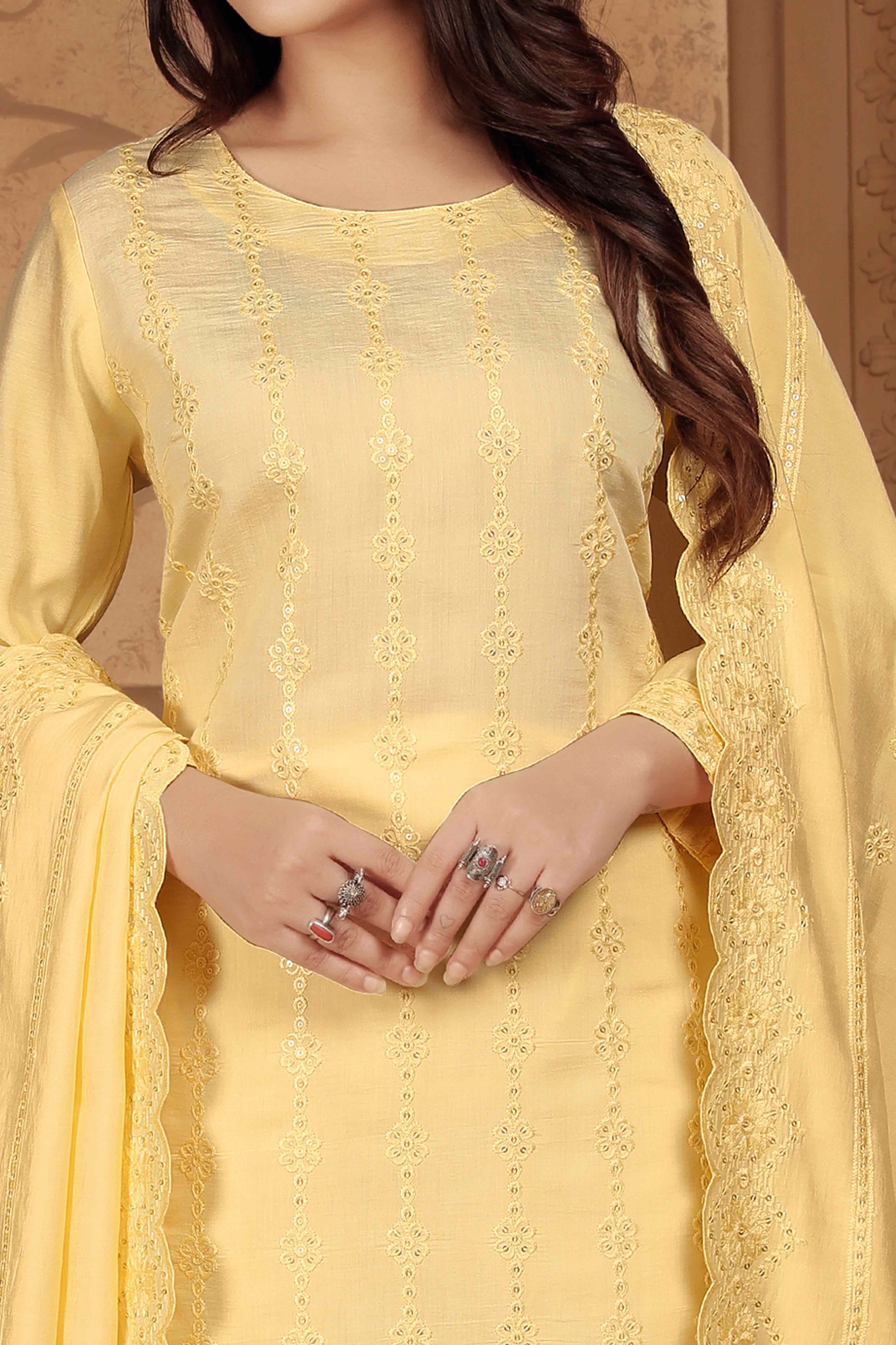 Yellow Sequins Embroidered Chanderi Straight Salwar Suit