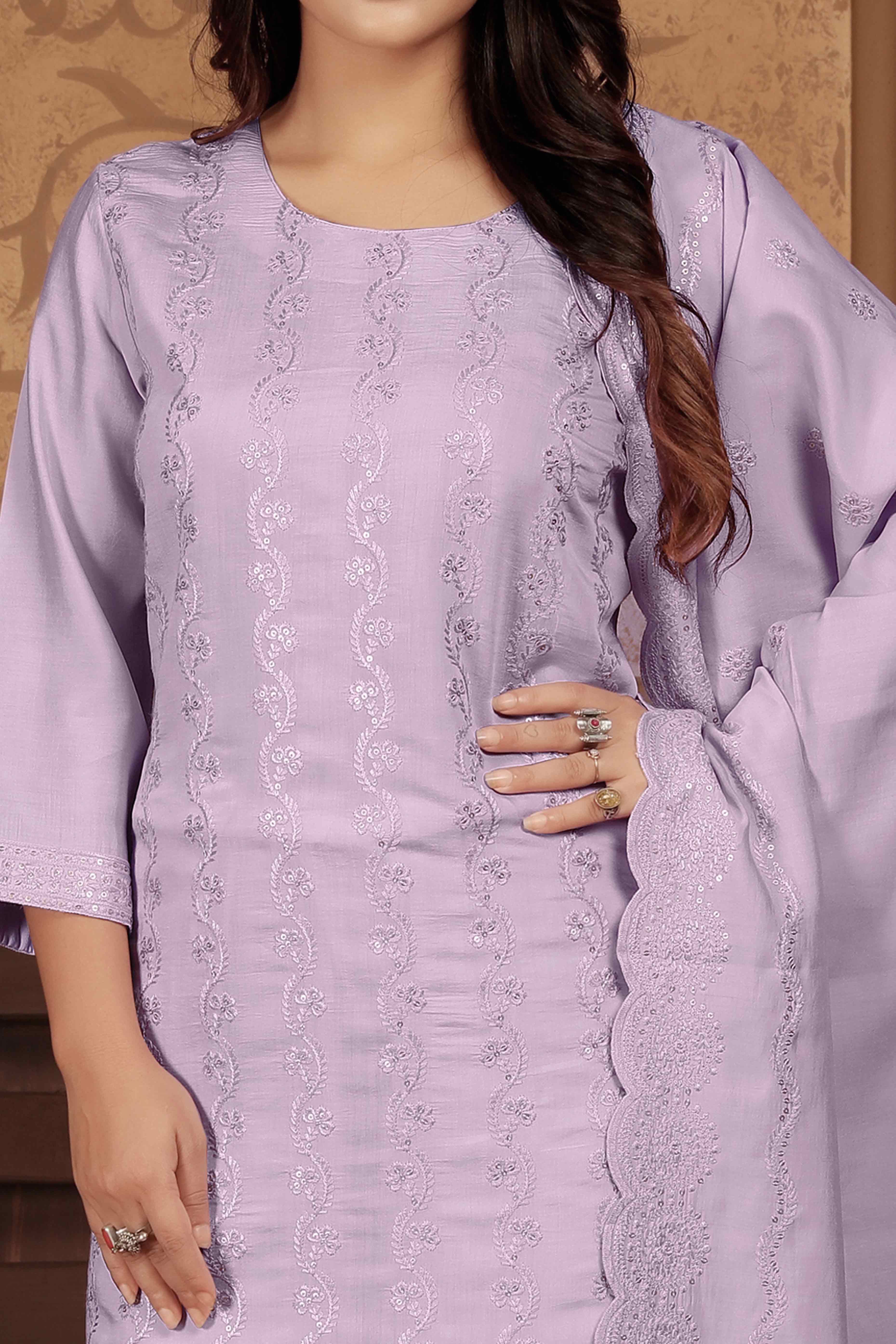 Lavender Sequins Embroidered Chanderi Straight Salwar Suit