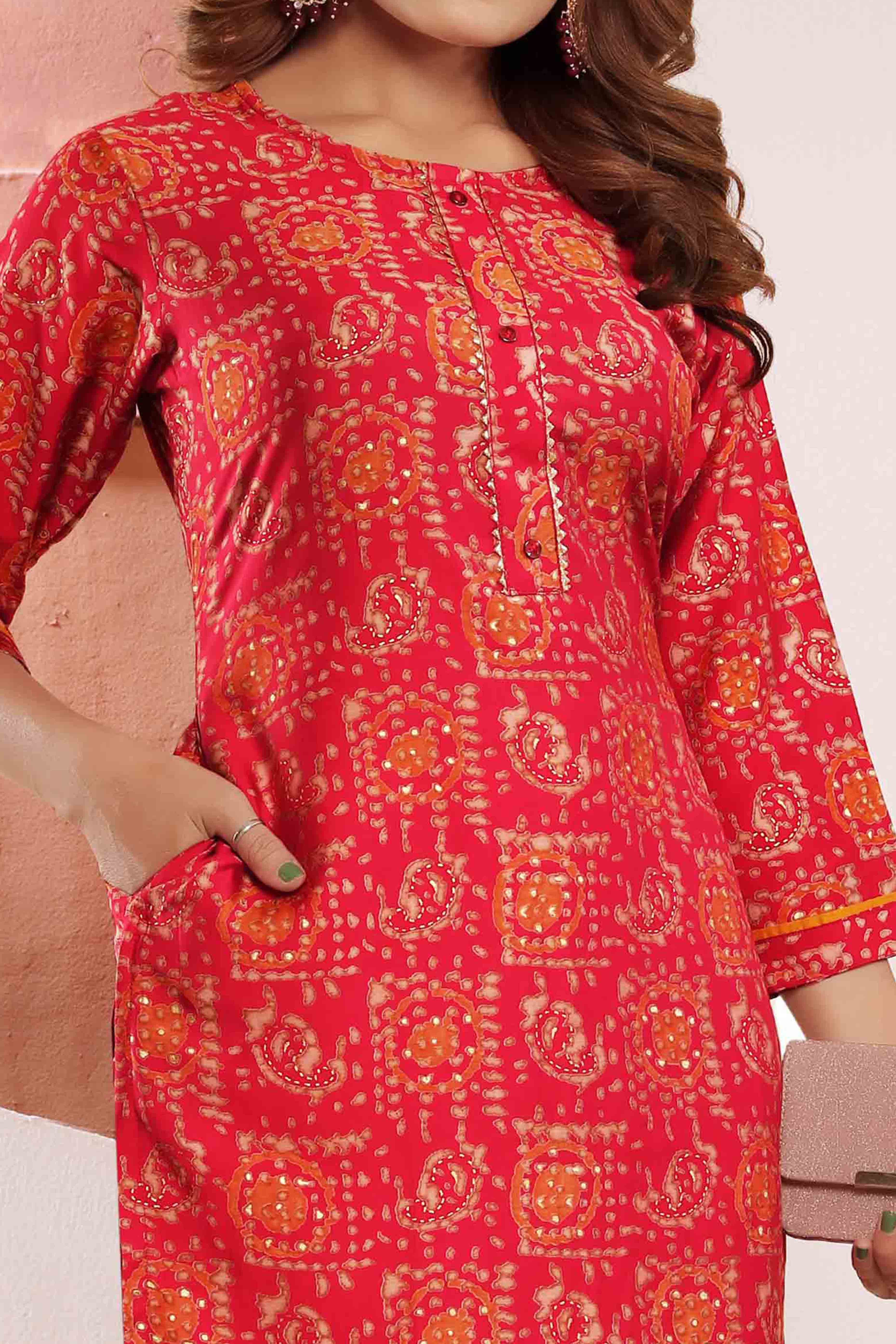 Rani Pink Foil Printed Muslin Viscose Kurti