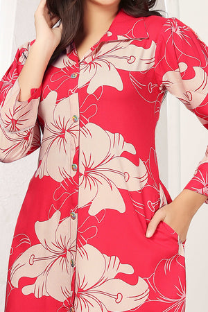 Pink Floral Rayon Print Two-Piece A-Line Set with Functional Pockets