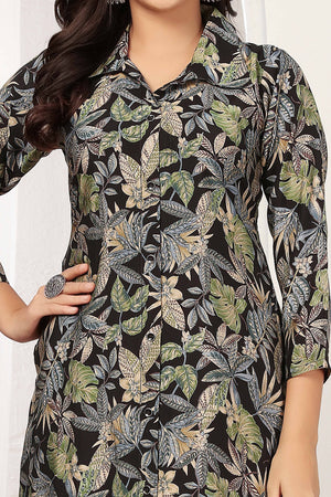 Black Floral Chanderi Print Two-Piece A-Line Set with Functional Pockets