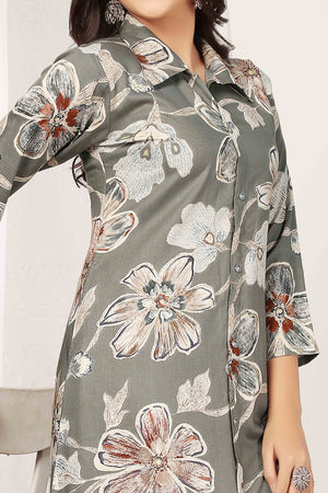 Grey Chanderi A-Line Co-Ord Set with Delicate Prints & Side Pockets