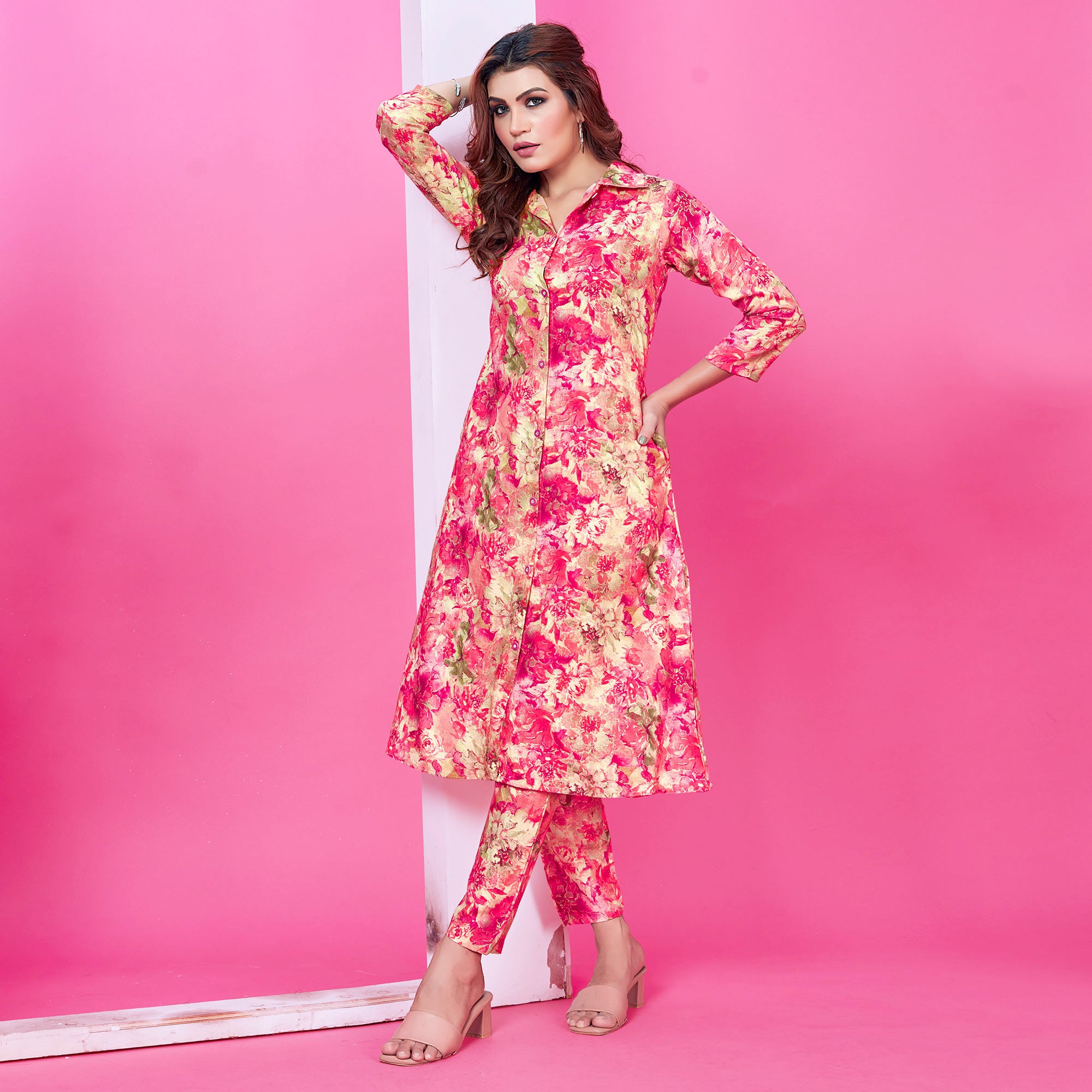 Pink Floral Foil Printed Rayon Co-Ord Set