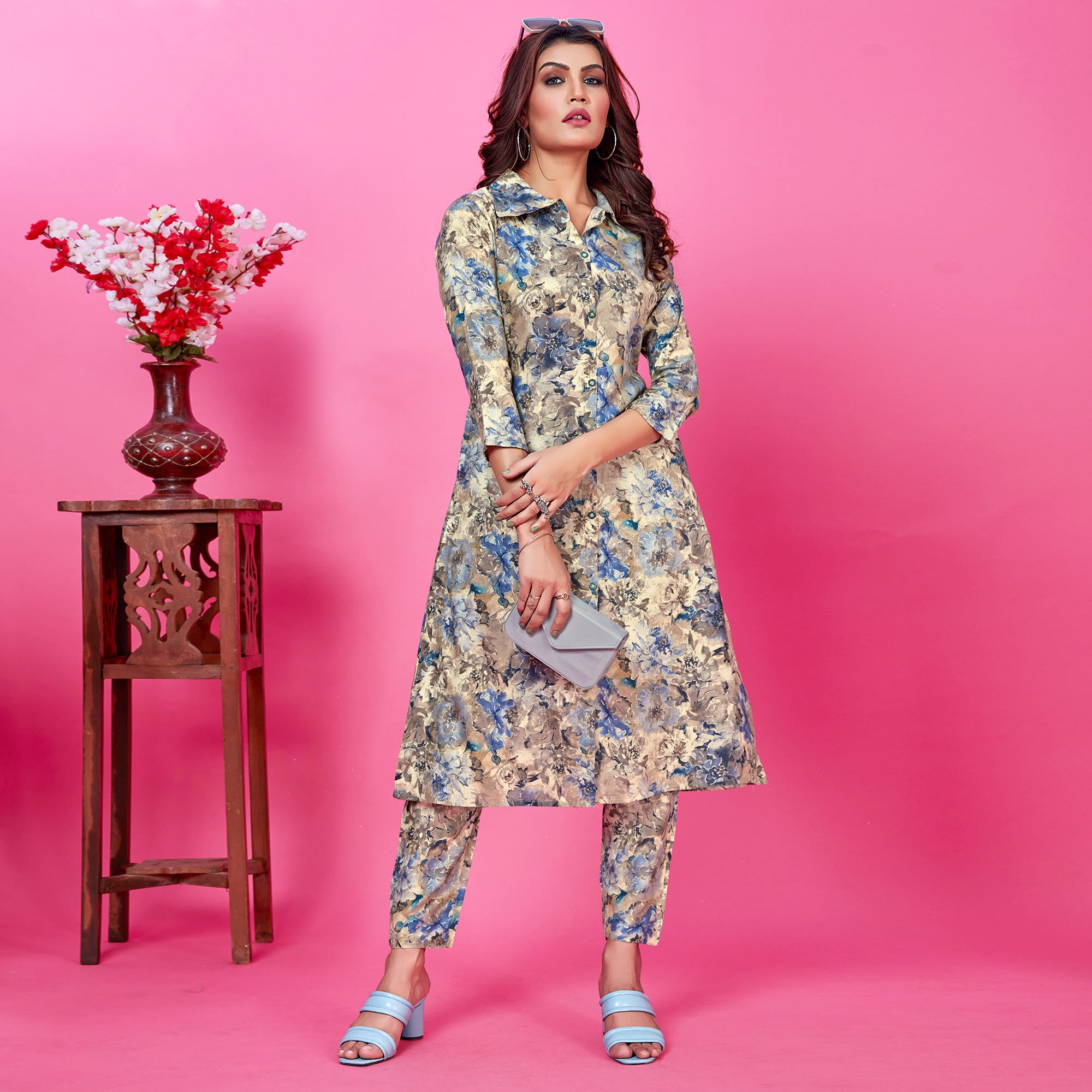 Cream Floral Foil Printed Rayon Co-Ord Set