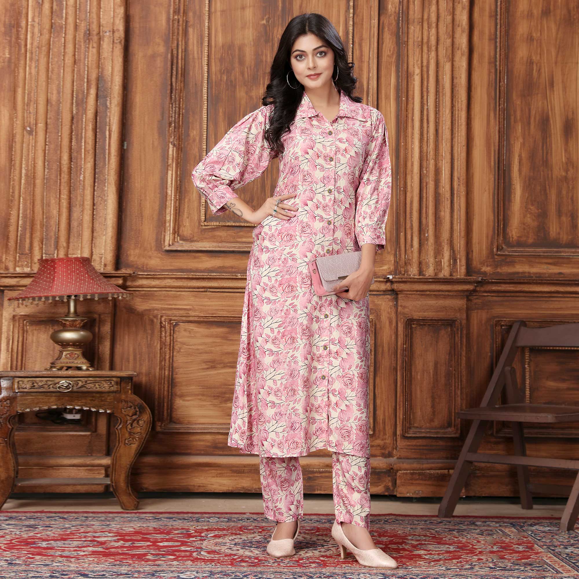 Pink Floral Printed Rayon Co-Ord Set