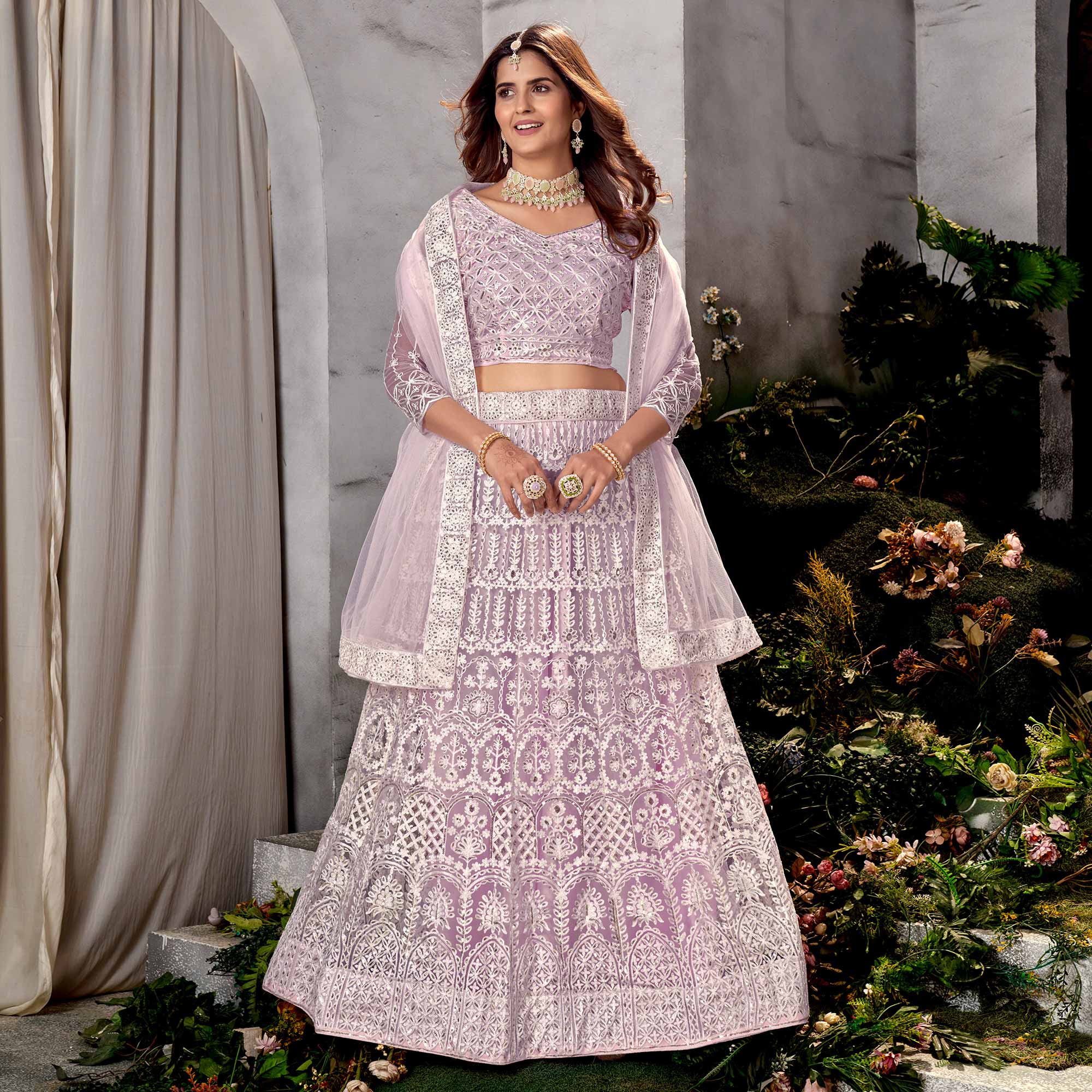 Light Purple Floral Sequins Embroidered Net Lehenga Choli