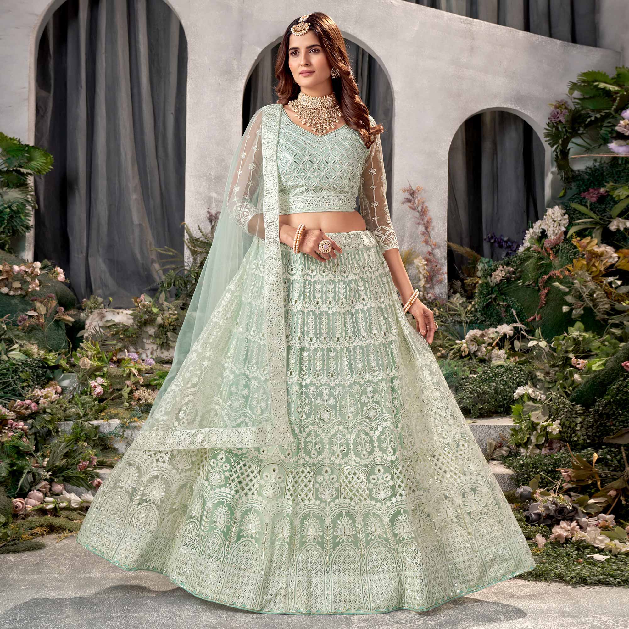 Green Floral Sequins Embroidered Net Lehenga Choli