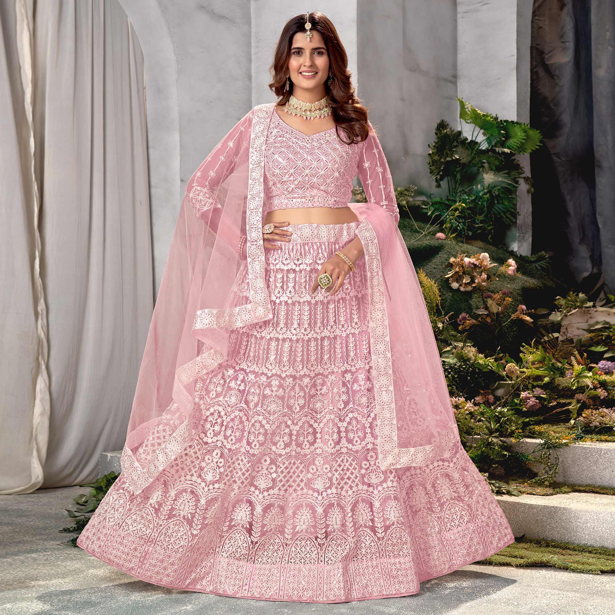 Pink Floral Sequins Embroidered Net Lehenga Choli