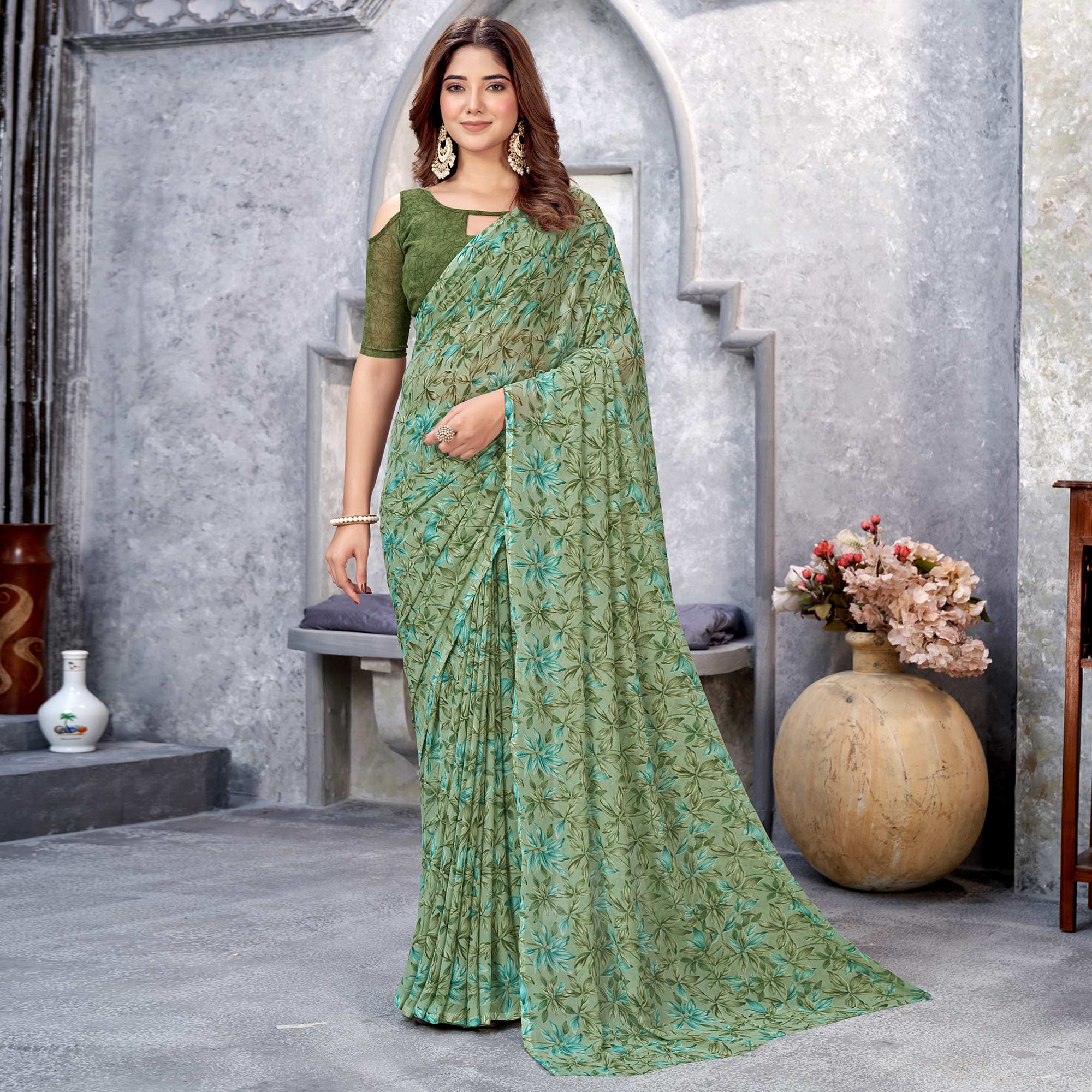 Green Floral Printed Georgette Saree