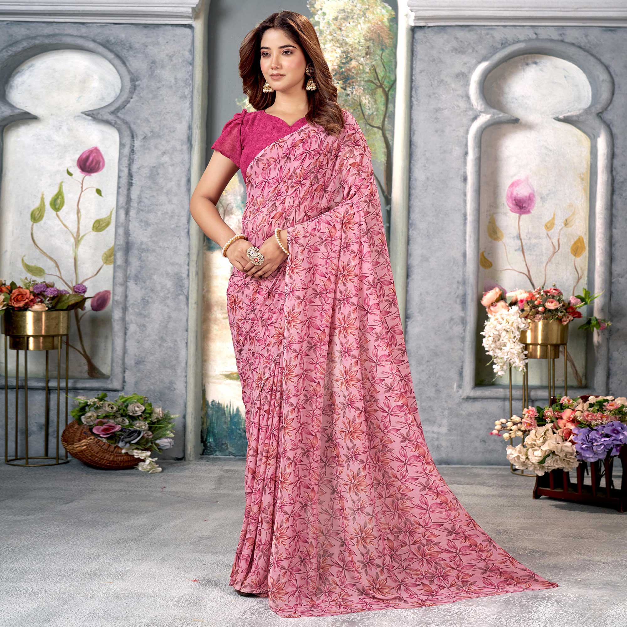 Pink Floral Printed Georgette Saree