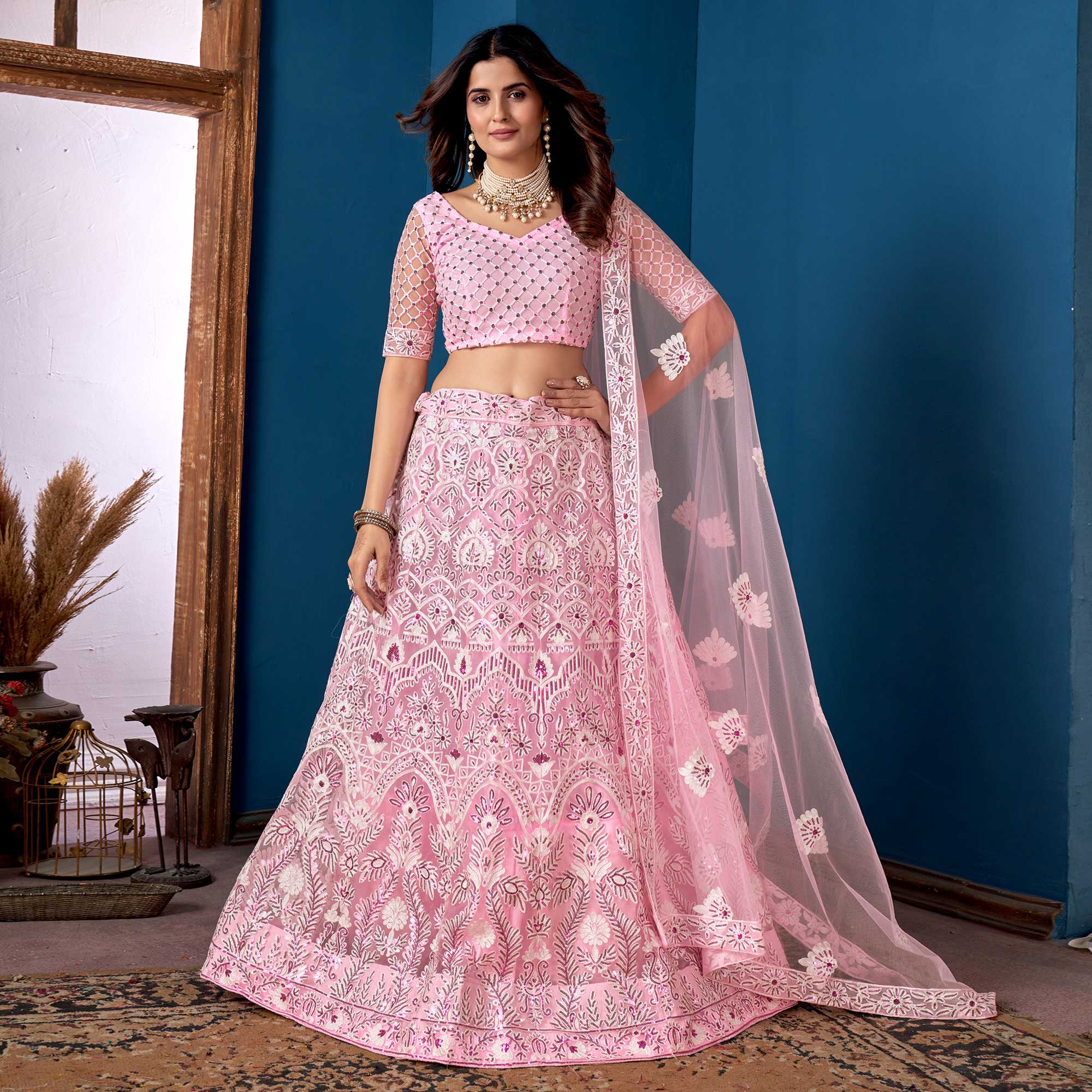 Pink Floral Sequins Embroidered Net Lehenga Choli