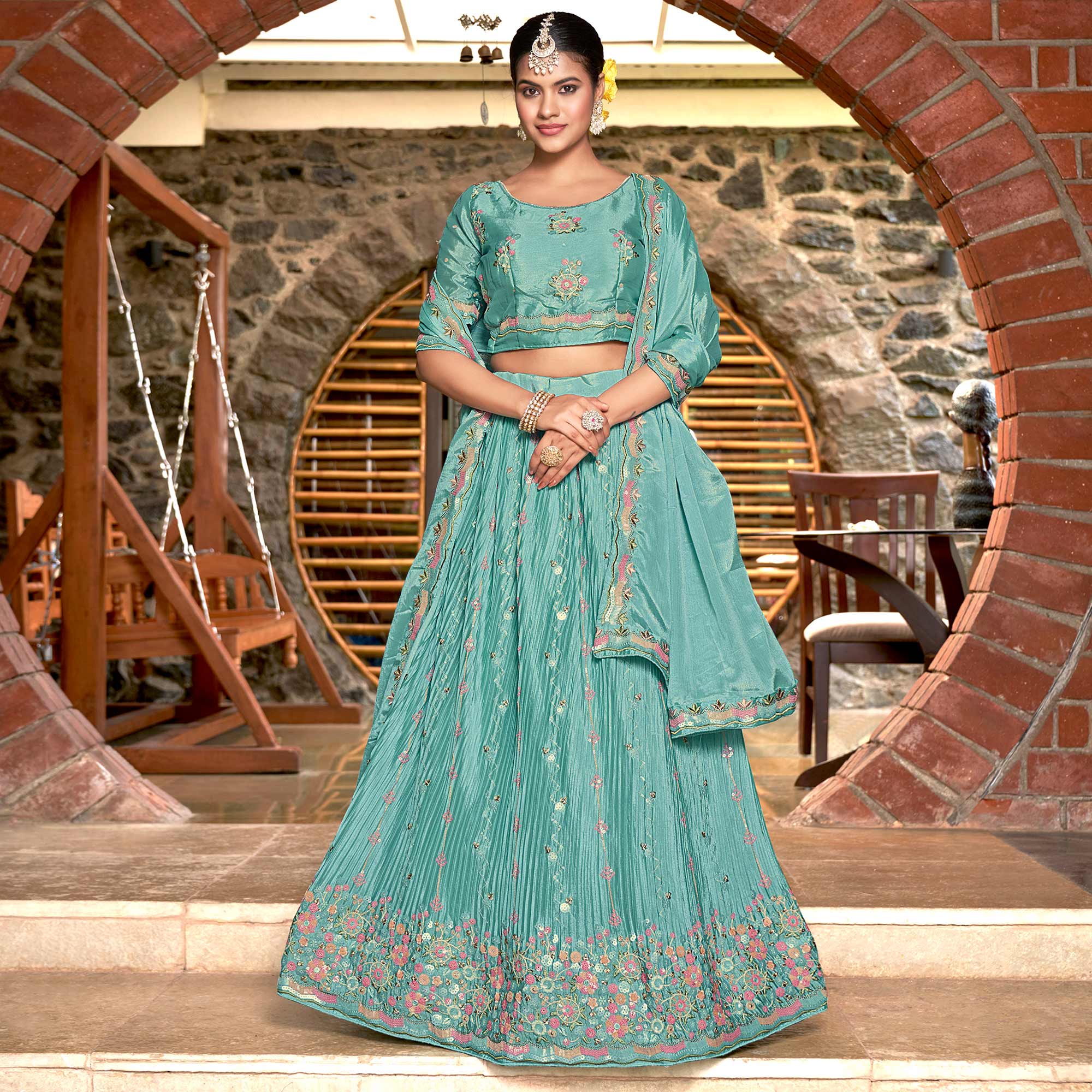 Blue Sequins Floral Embroidered Chiffon Lehenga Choli