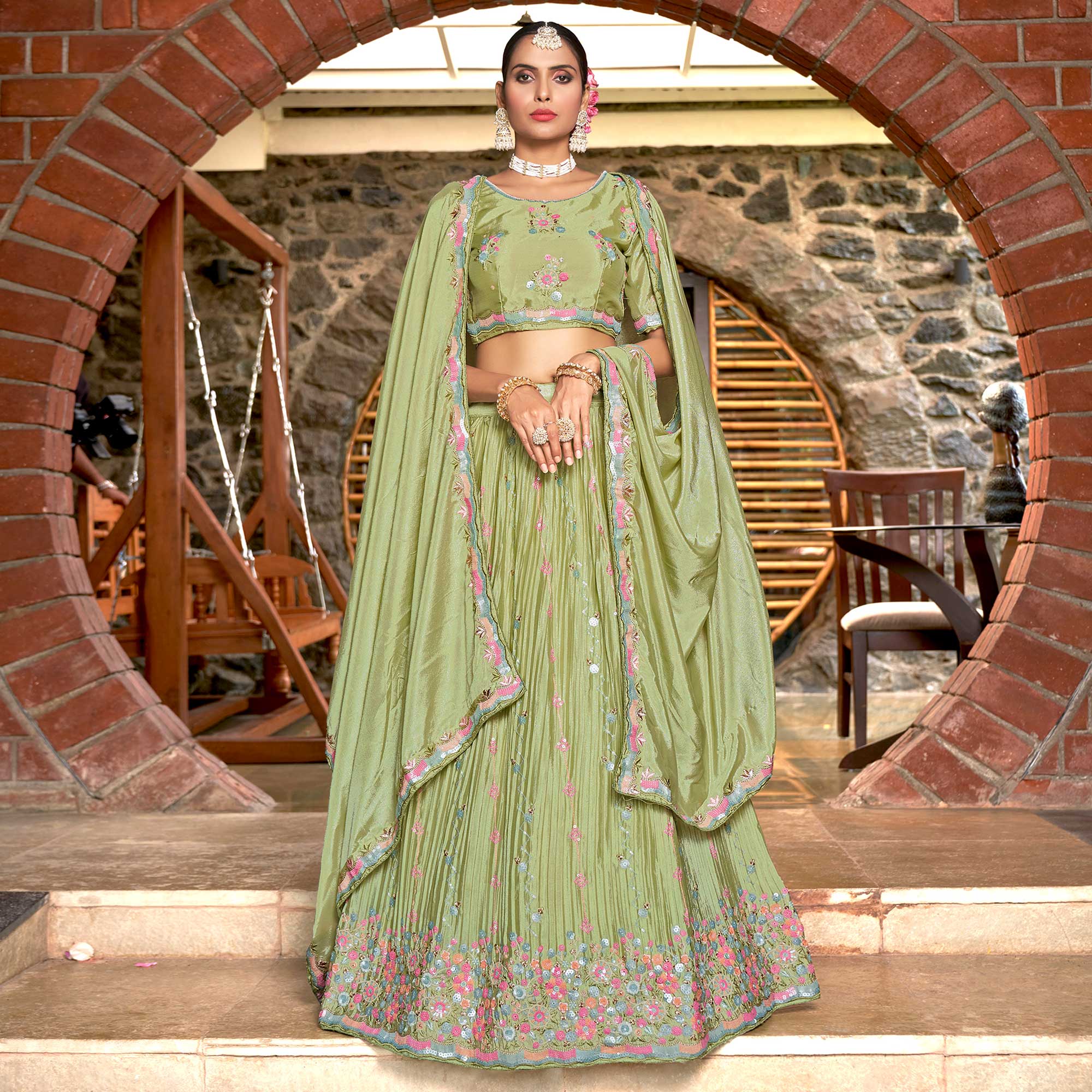 Pista Green Sequins Floral Embroidered Chiffon Lehenga Choli
