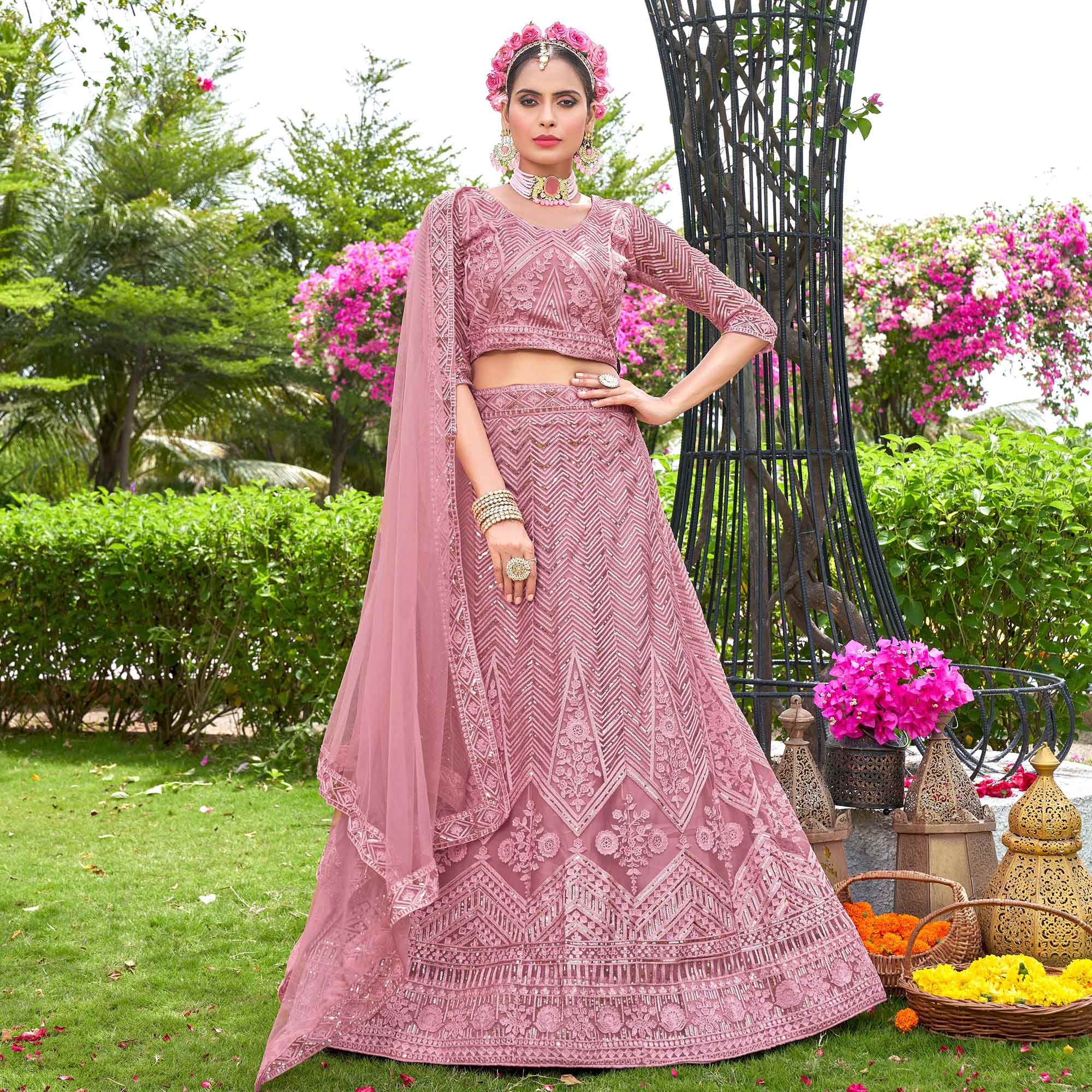 Pink Sequins Floral Embroidered Net Semi Stitched Lehenga Choli