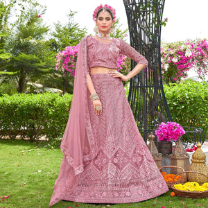 Pink Sequins Floral Embroidered Net Semi Stitched Lehenga Choli