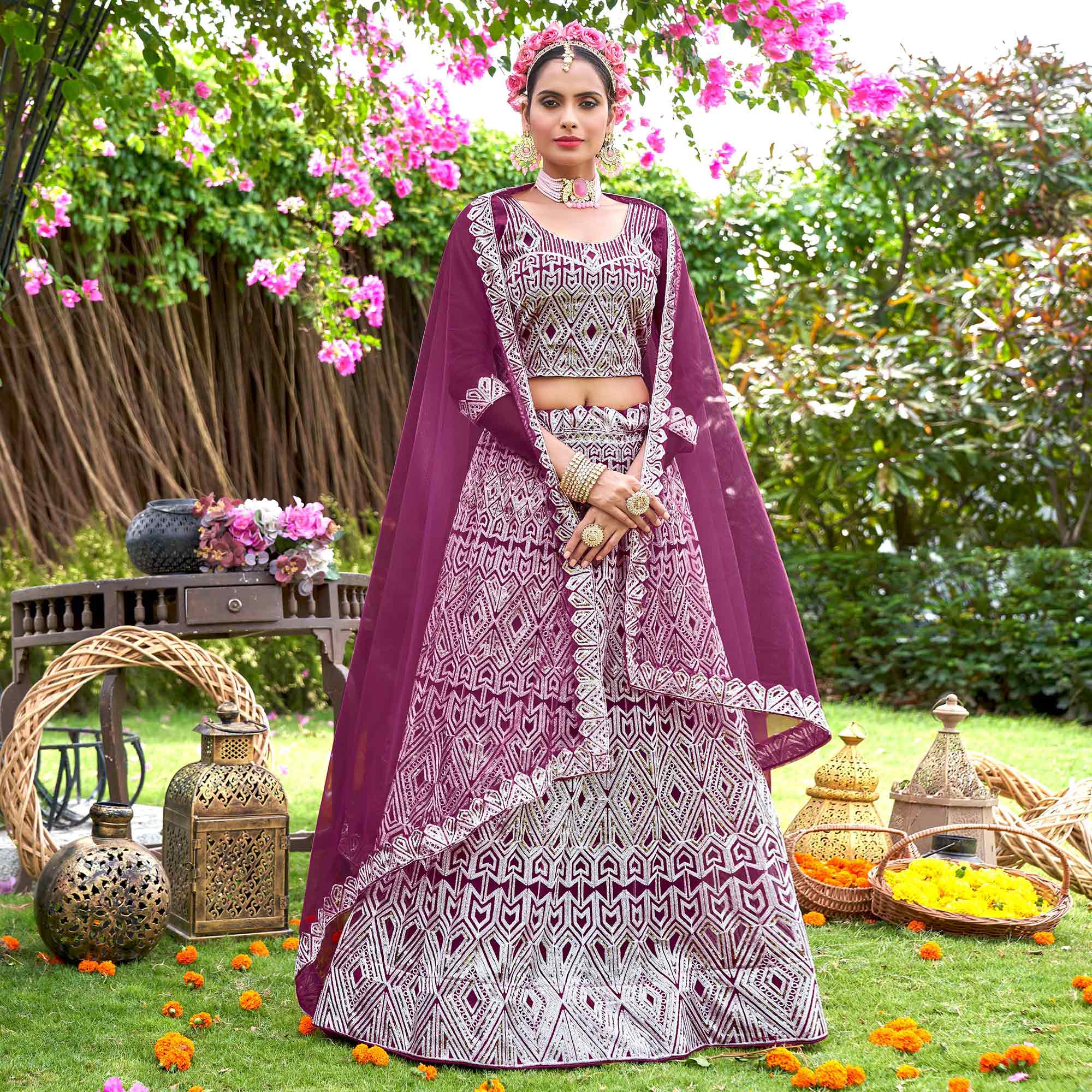 Wine Sequins Embroidered Net Semi Stitched Lehenga Choli