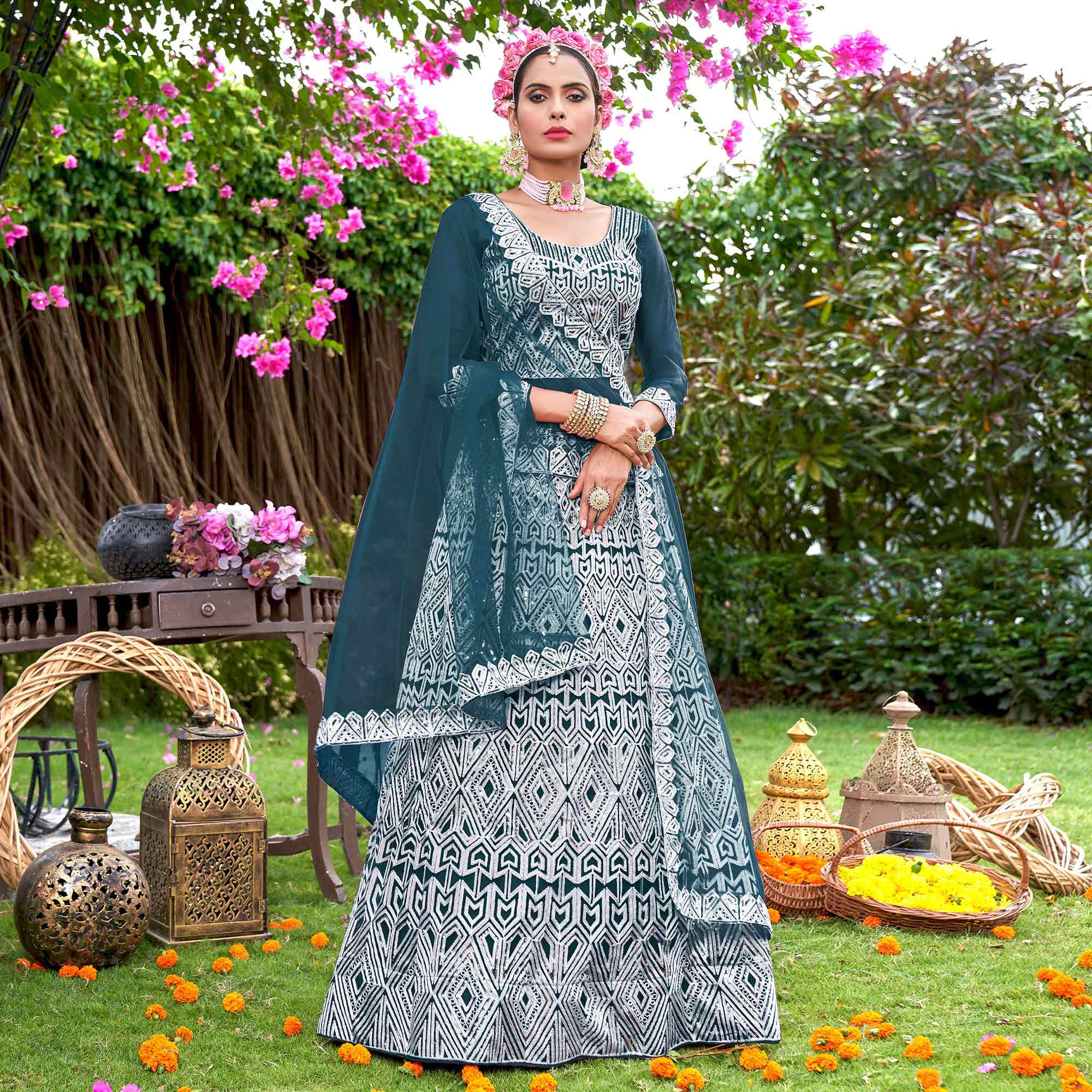 Teal Sequins Embroidered Net Semi Stitched Lehenga Choli