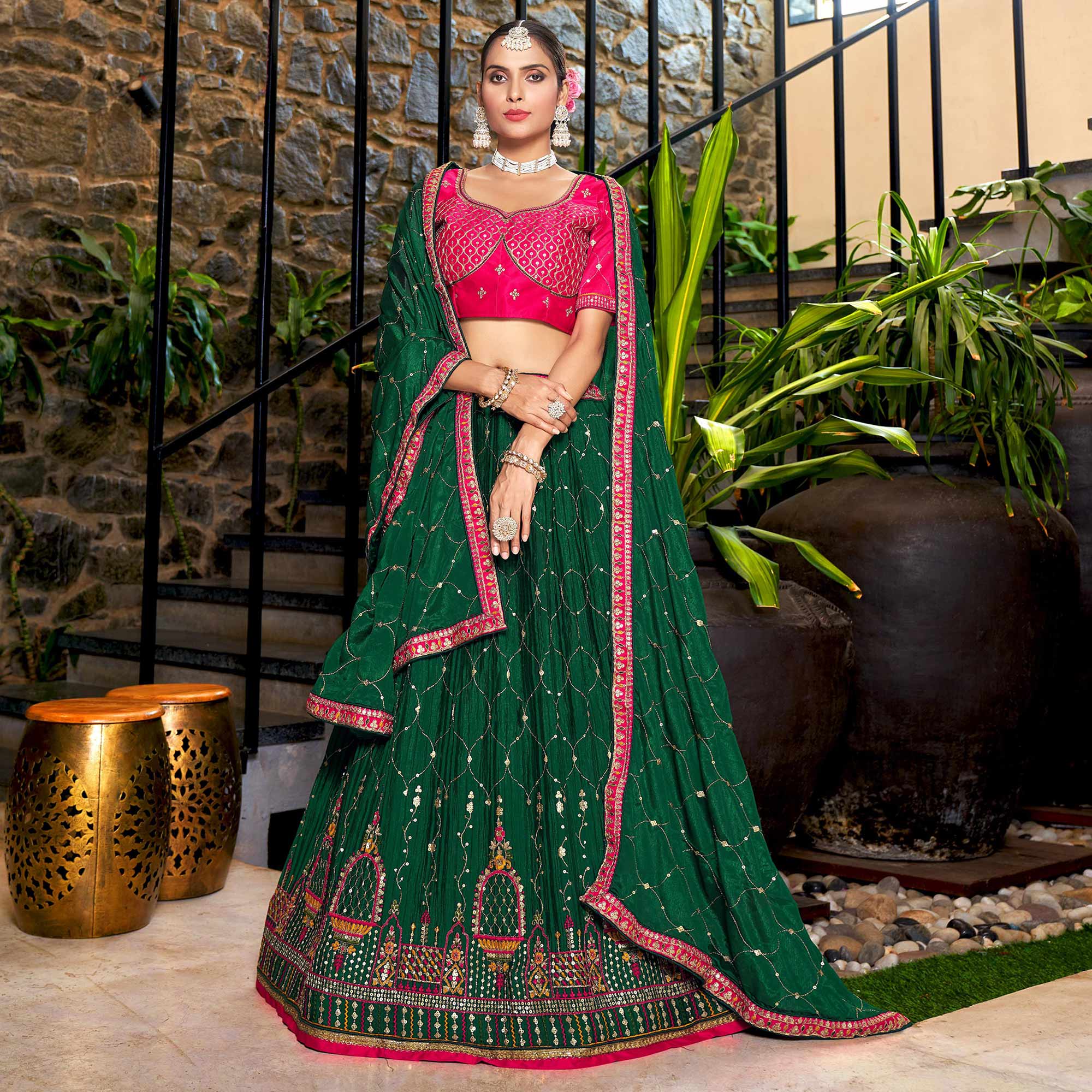 Green Sequins Embroidered Chiffon Lehenga Choli