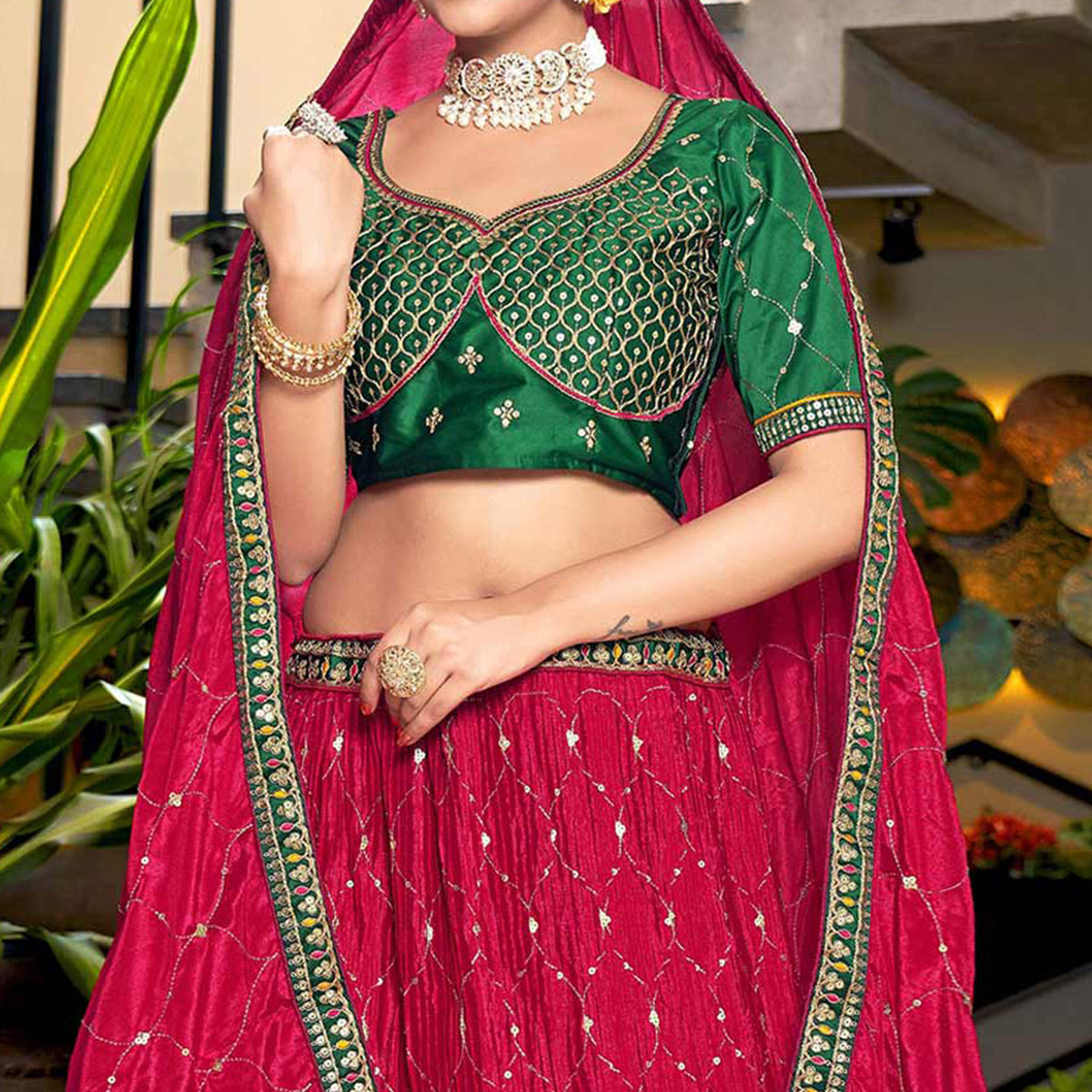 Pink Sequins Embroidered Chiffon Lehenga Choli