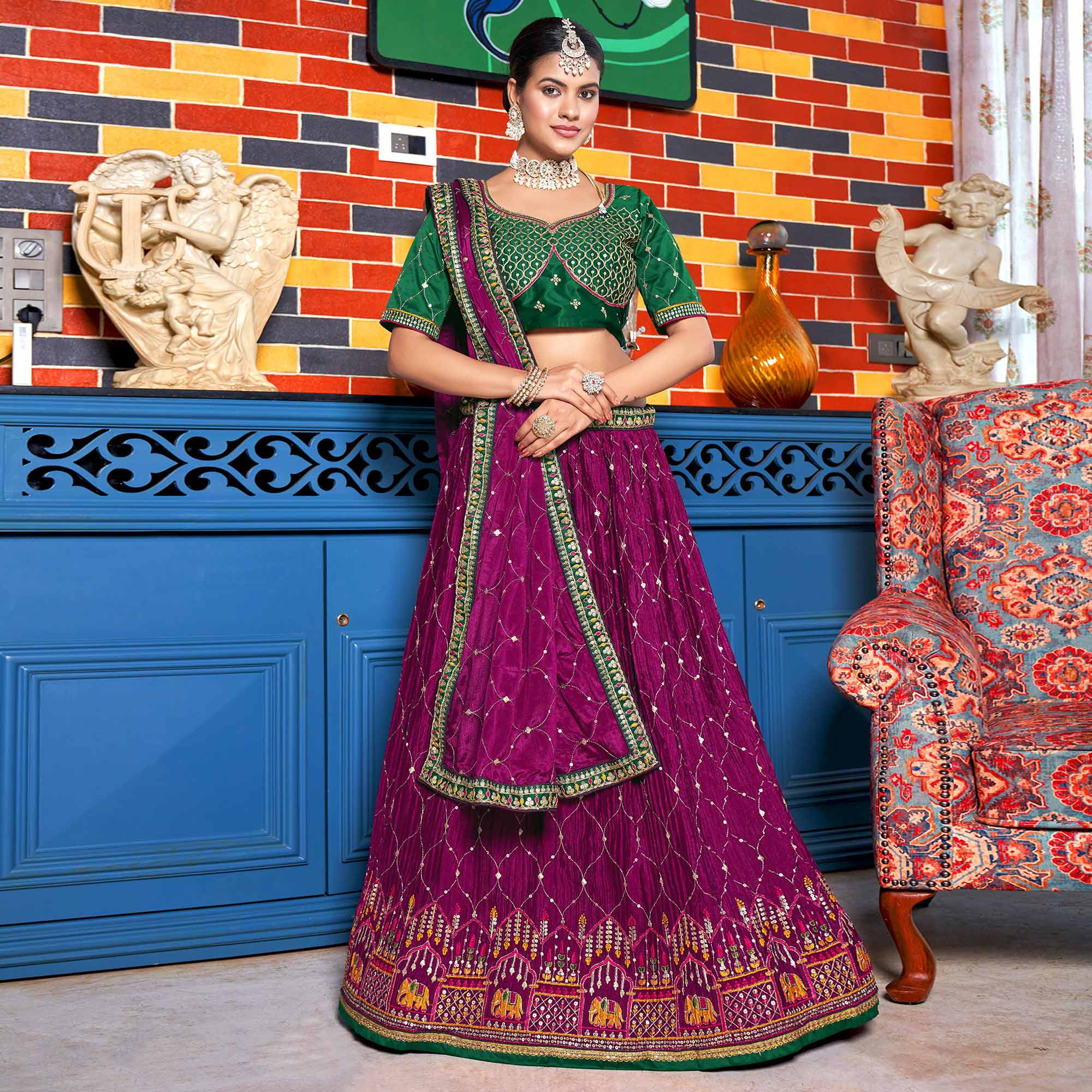 Wine Sequins Embroidered Chiffon Lehenga Choli