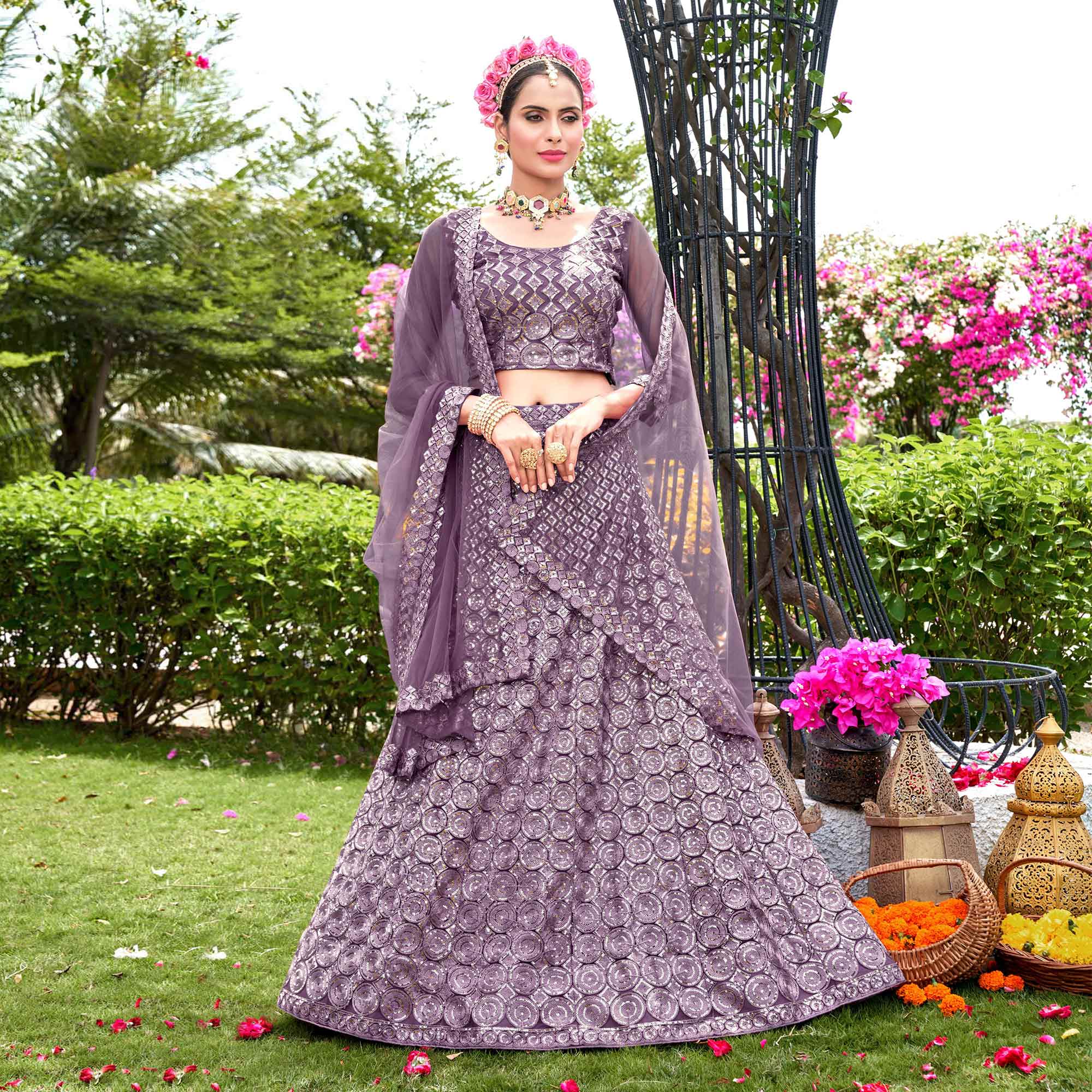 Violet Sequins Embroidered Net Lehenga Choli