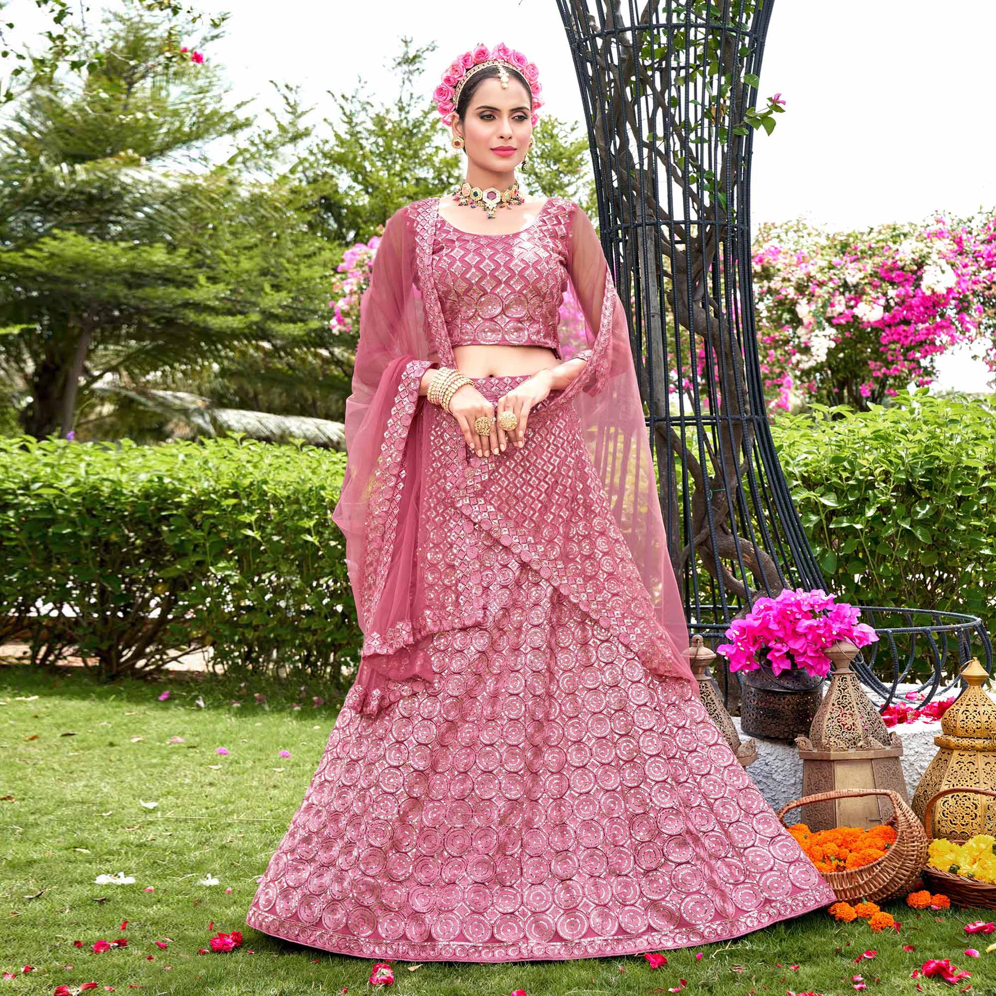 Pink Sequins Embroidered Net Lehenga Choli