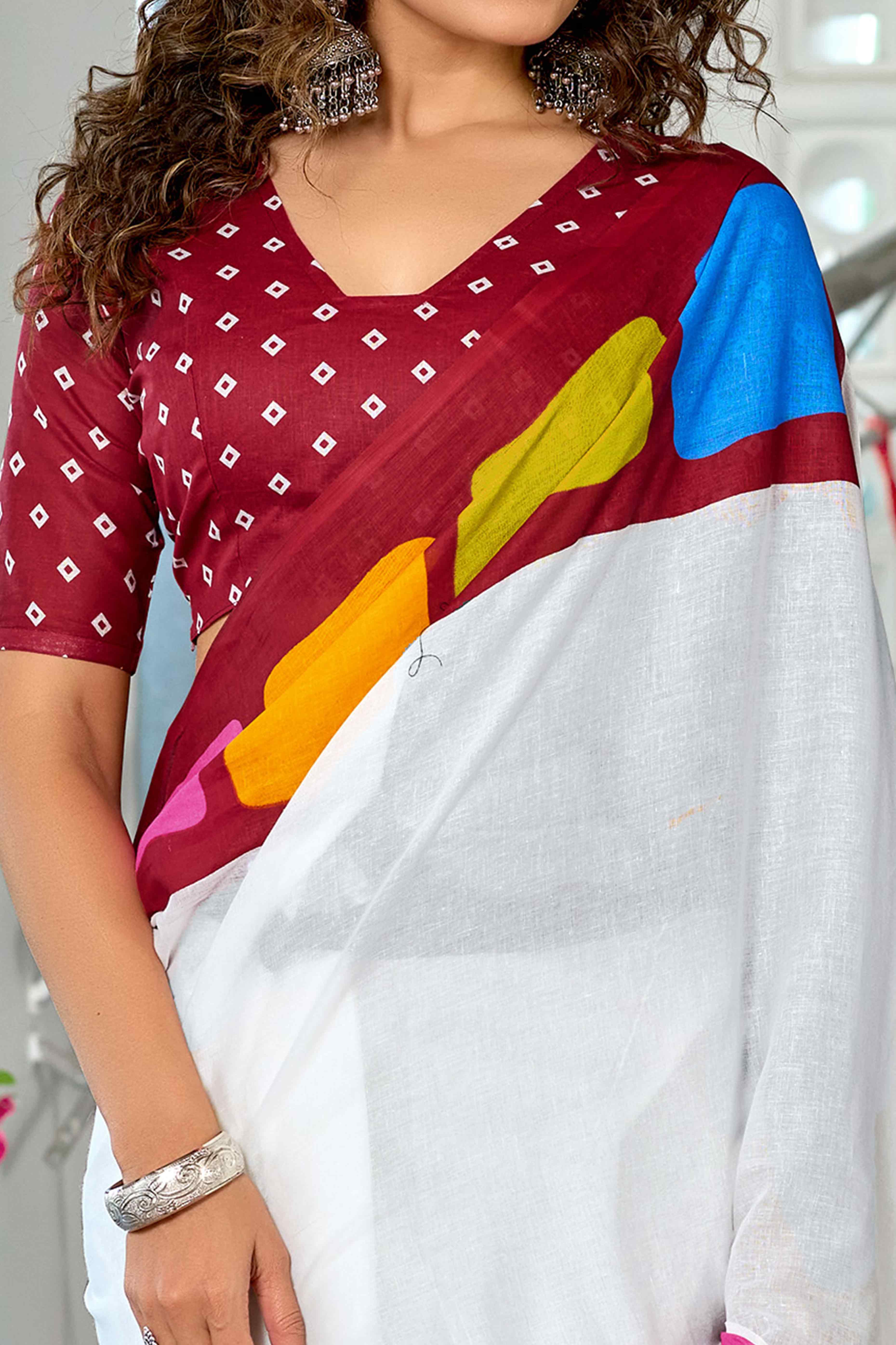 White Pure Cotton Saree with Traditional Bagru Block Print