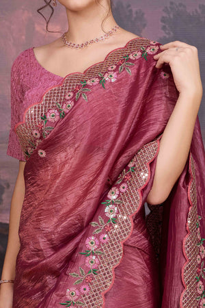 Mauve Floral Design Art Silk Saree with Glittering Sequins Embroidery