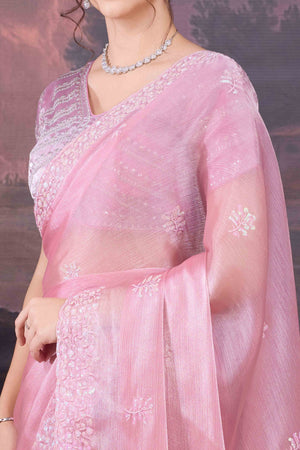 Baby Pink Organza Saree Enhanced with Elegant Sequins Embellishments
