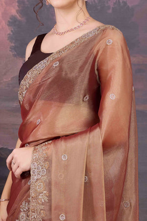Elegant Rust Brown Organza Saree Embellished with Stone Embroidery