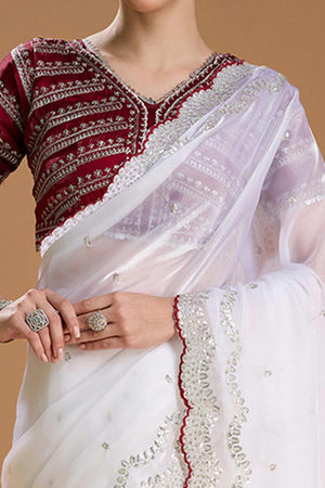 White Embroidered Saree in Organza with Sequins Accents