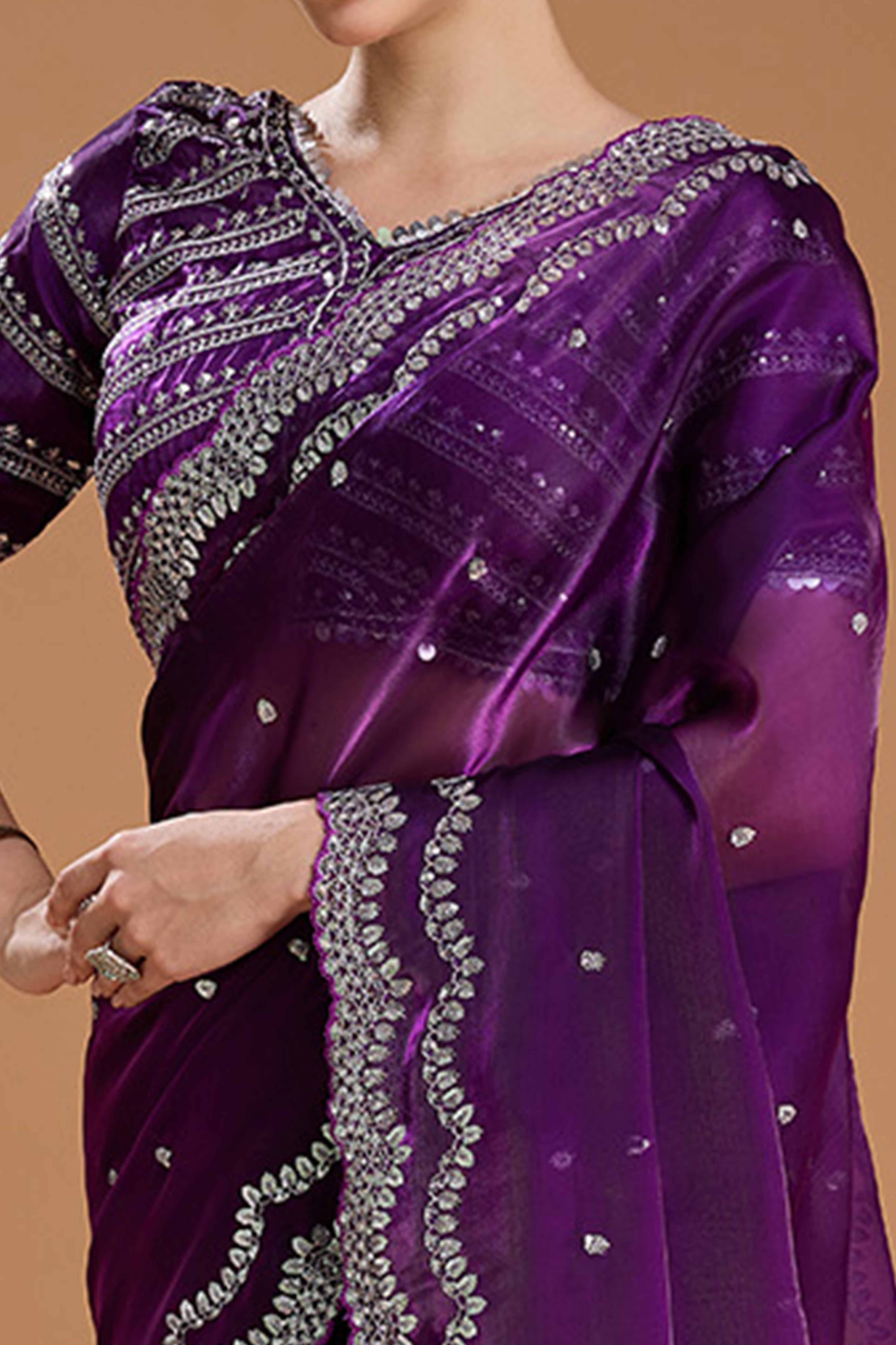 Dark Purple Embroidered Saree in Organza with Sequins Accents