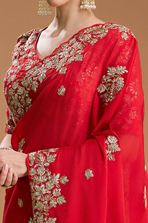 Red Organza Saree Enhanced with Elegant Sequins Embellishments