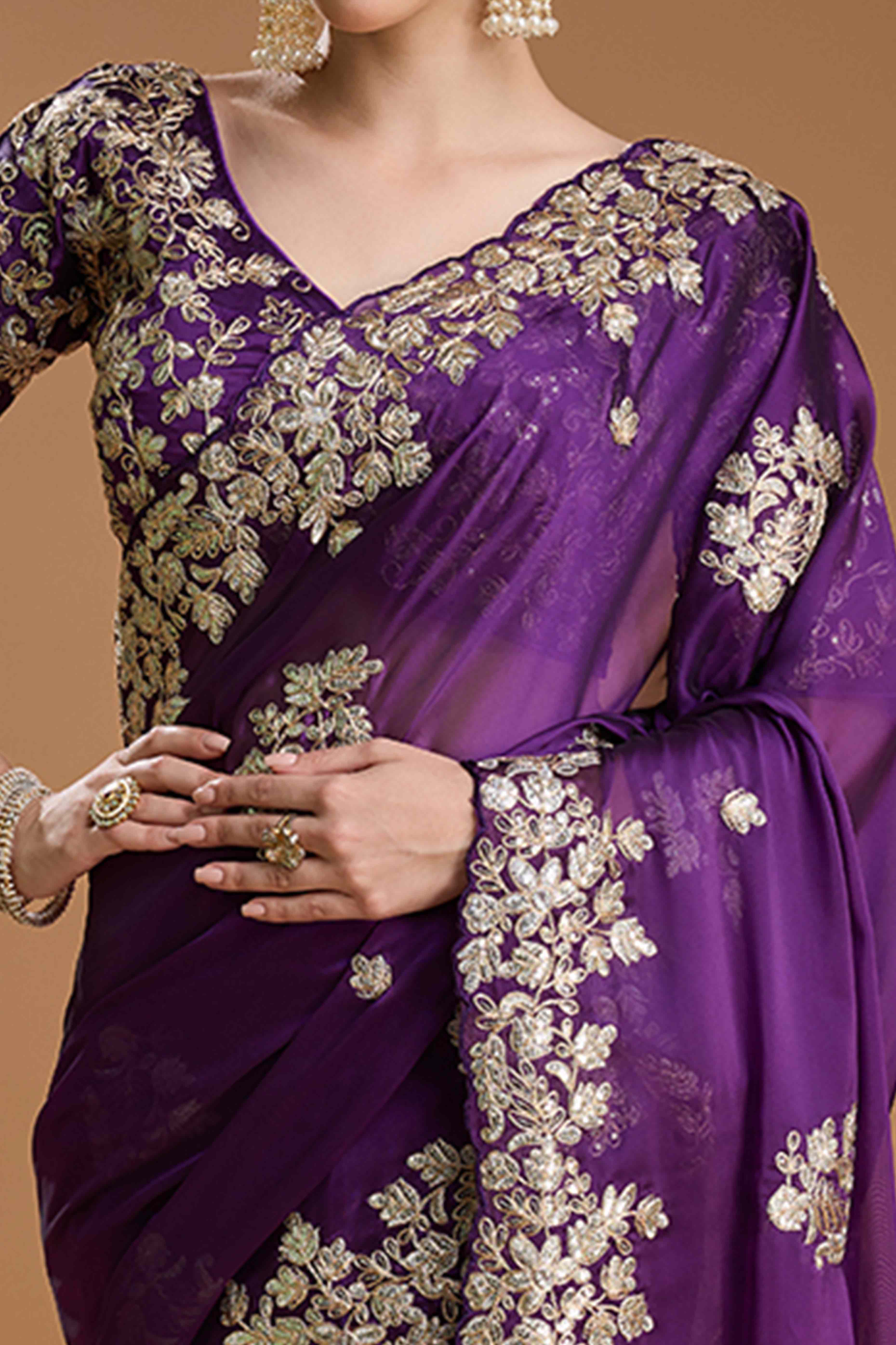 Dark Purple Organza Saree Enhanced with Elegant Sequins Embellishments