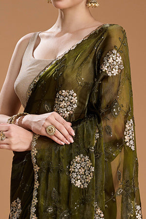 Mehandi Green Floral Design Organza Saree with Glittering Sequins Embroidery