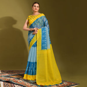 Blue & Yellow Digital Printed Linen Saree With Tassels