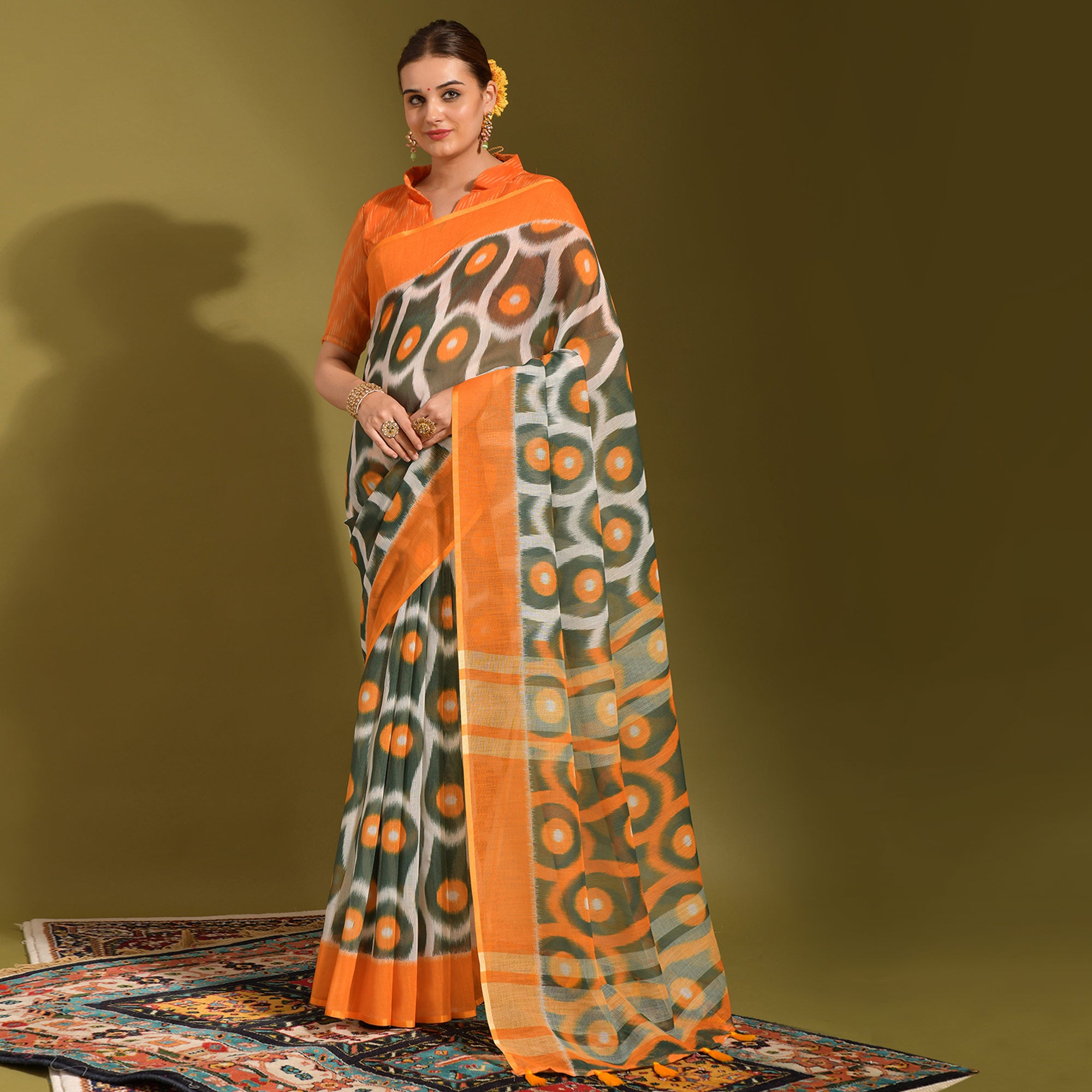 Orange Geometric Digital Printed Linen Saree With Tassels