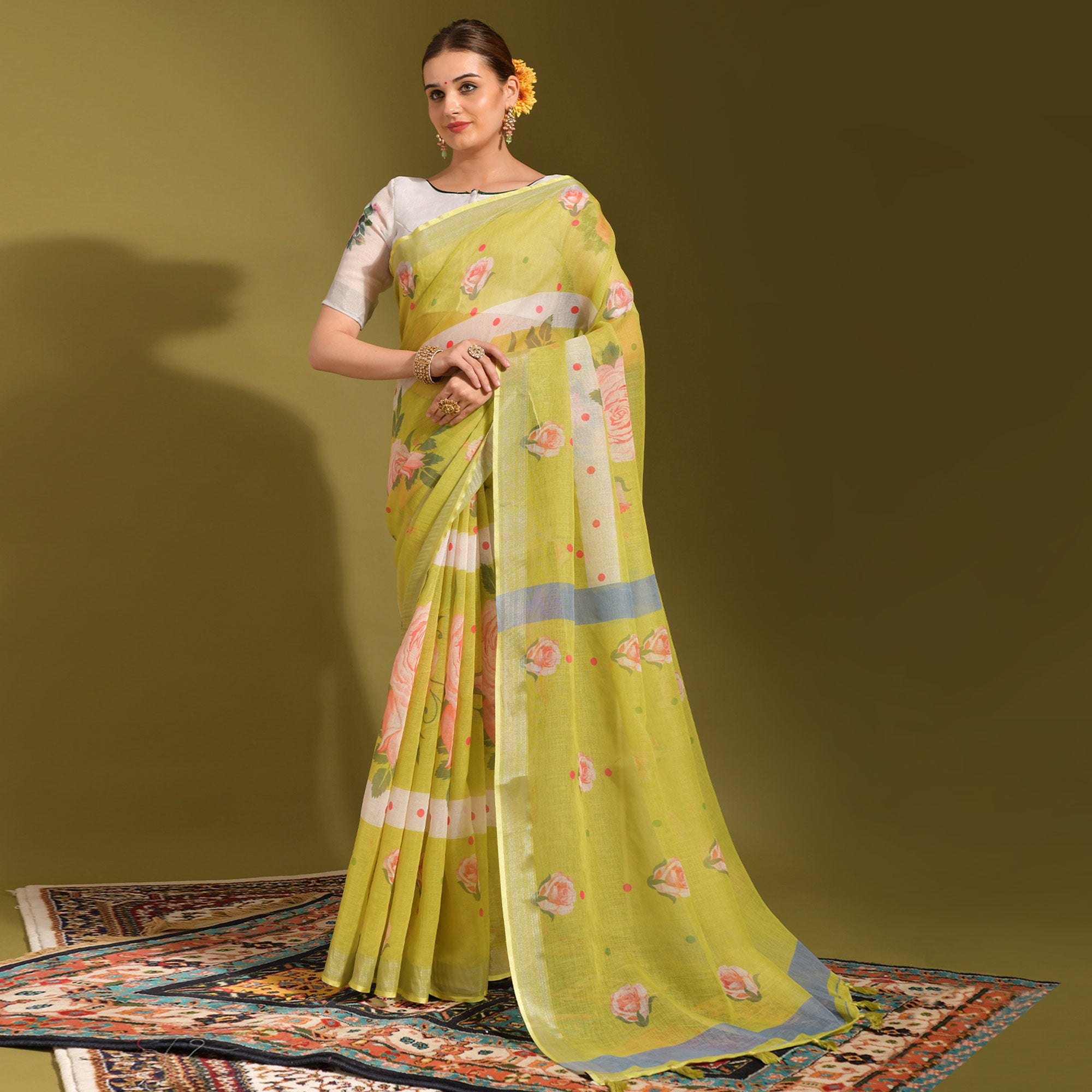 Green Floral Digital Printed Linen Saree With Tassels