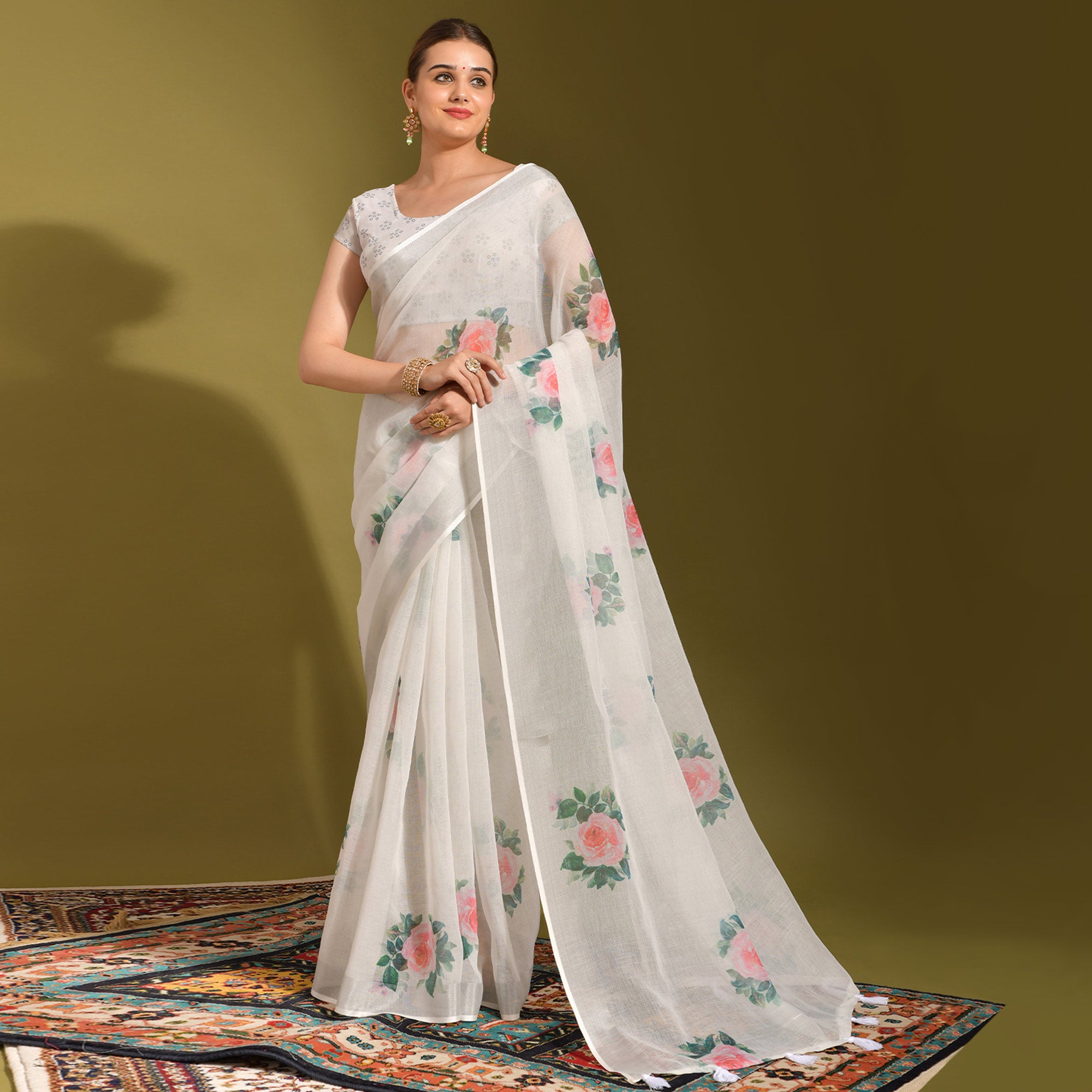 White Floral Digital Printed Linen Saree With Tassels