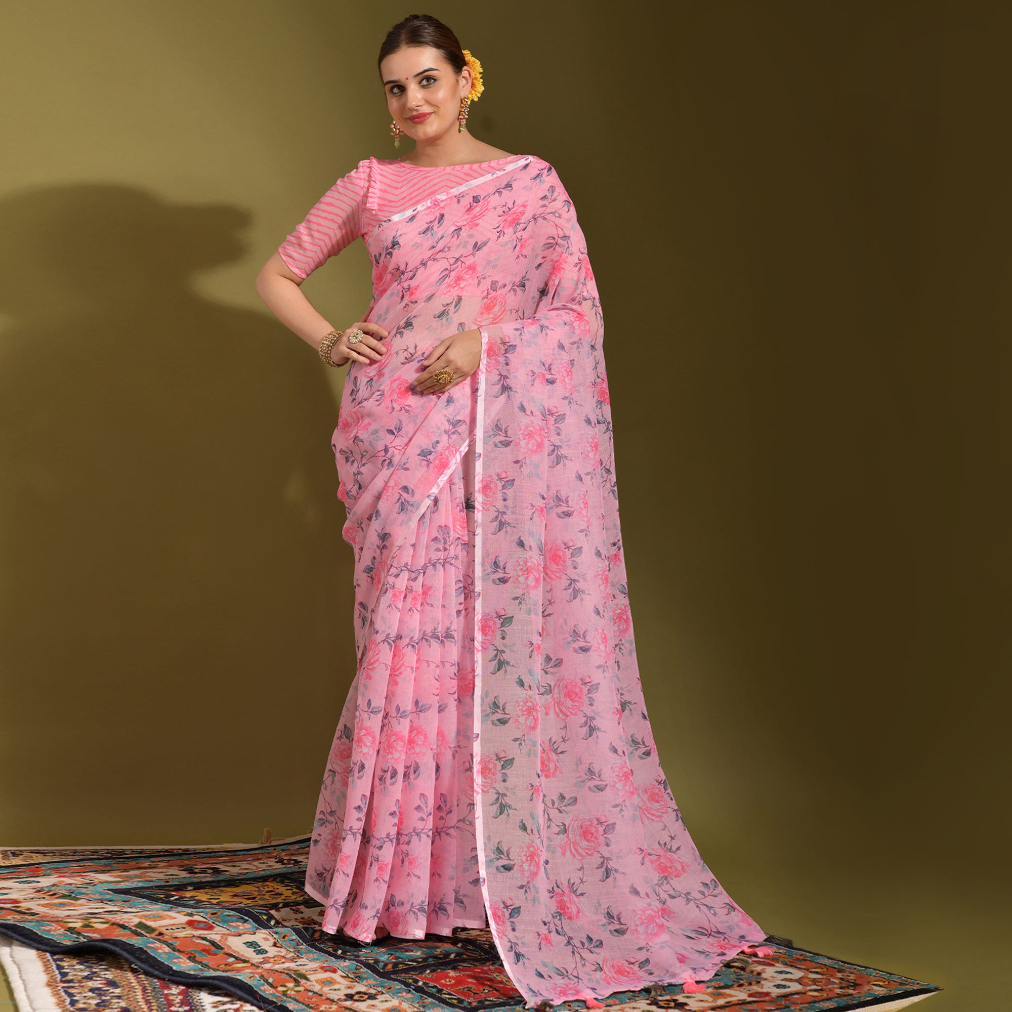 Pink Floral Digital Printed Linen Saree With Tassels