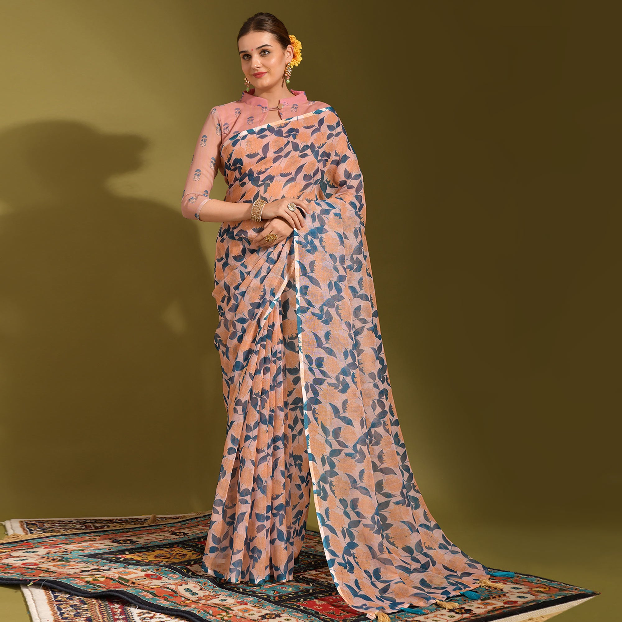 Peach Floral Digital Printed Linen Saree With Tassels