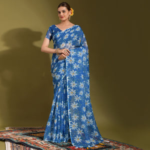 Blue Floral Digital Printed Linen Saree With Tassels