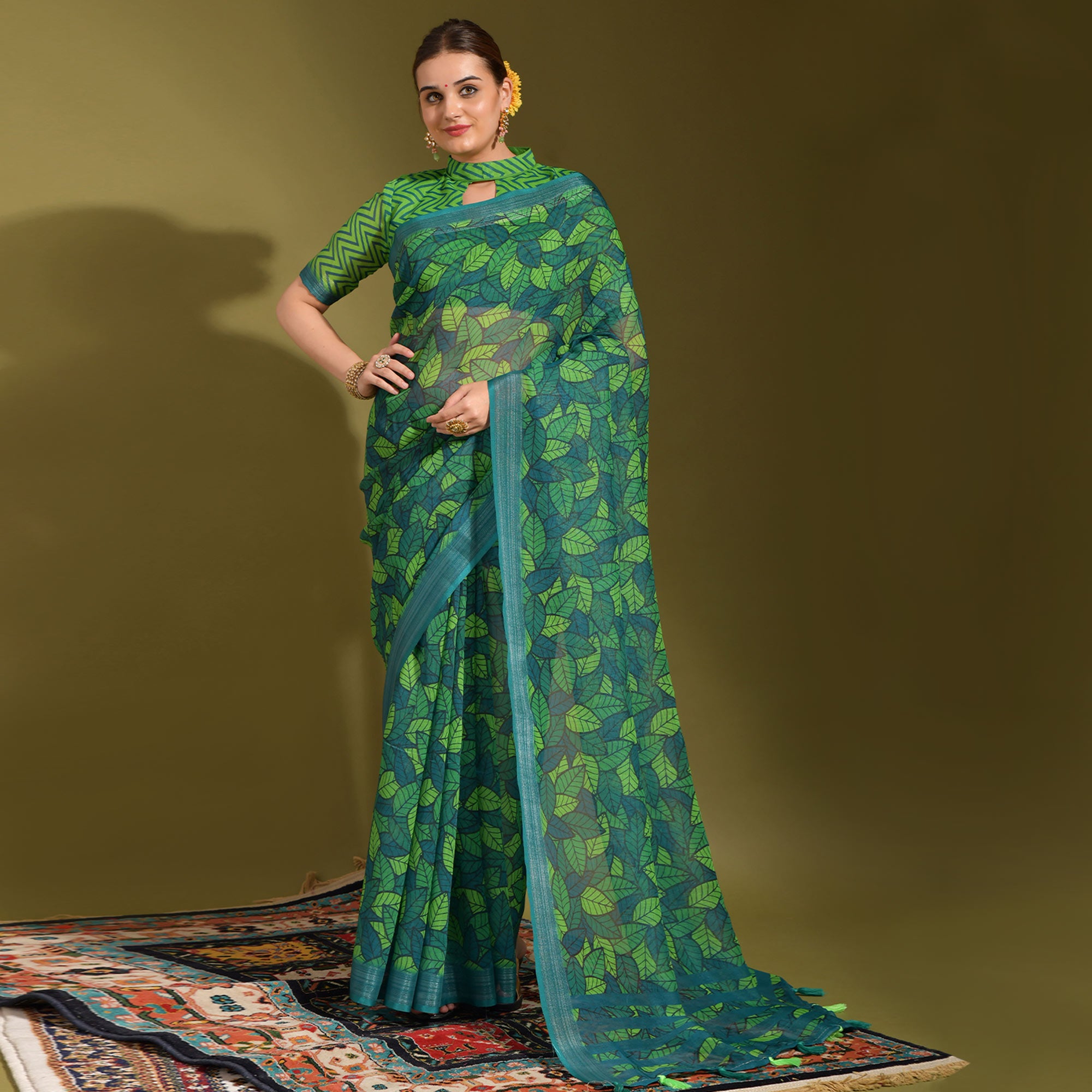 Green Digital Printed Linen Saree With Tassels