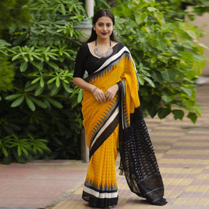 Yellow Digital Printed Linen Saree With Tassels
