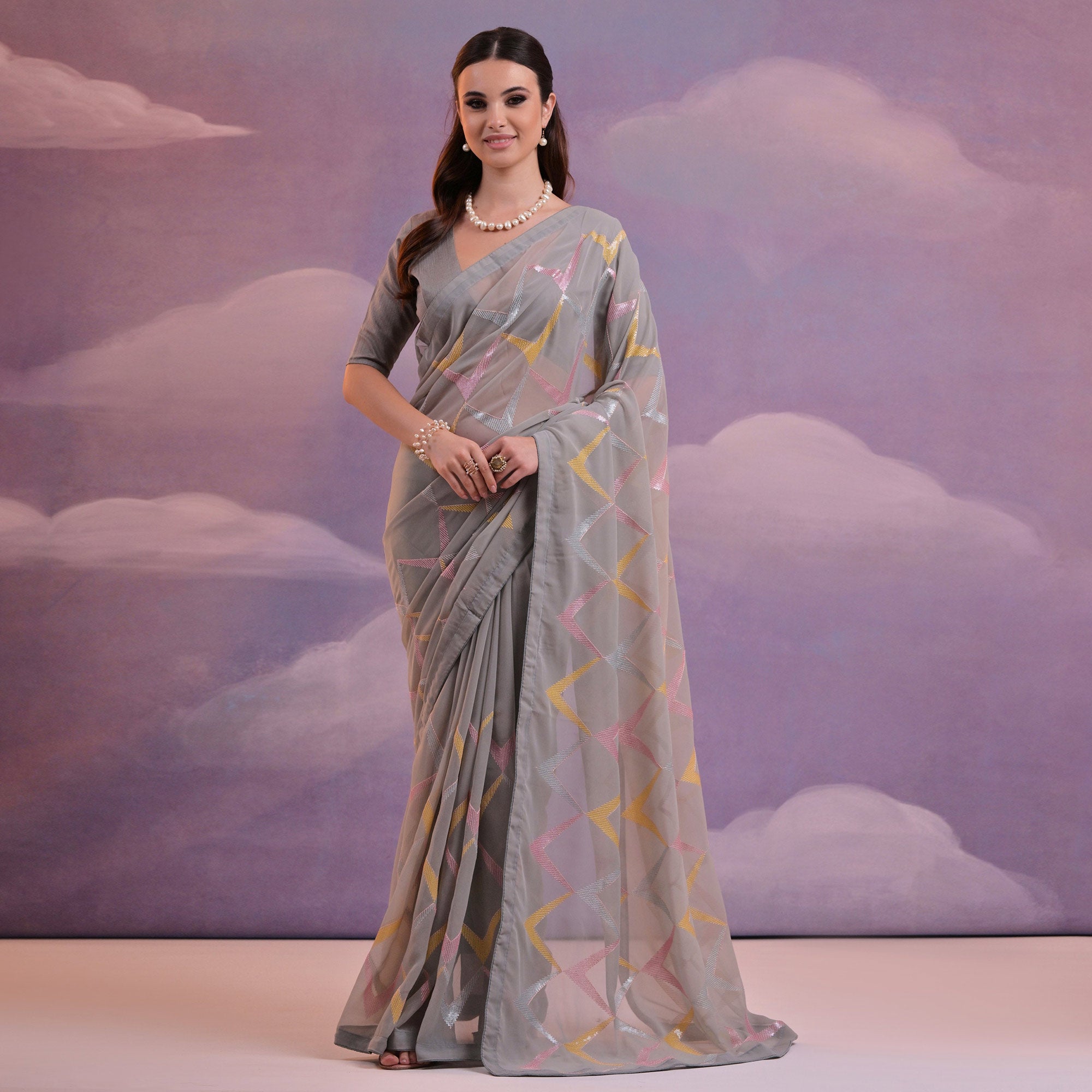 Grey Sequins Embroidered Georgette Saree