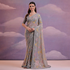 Grey Sequins Embroidered Georgette Saree
