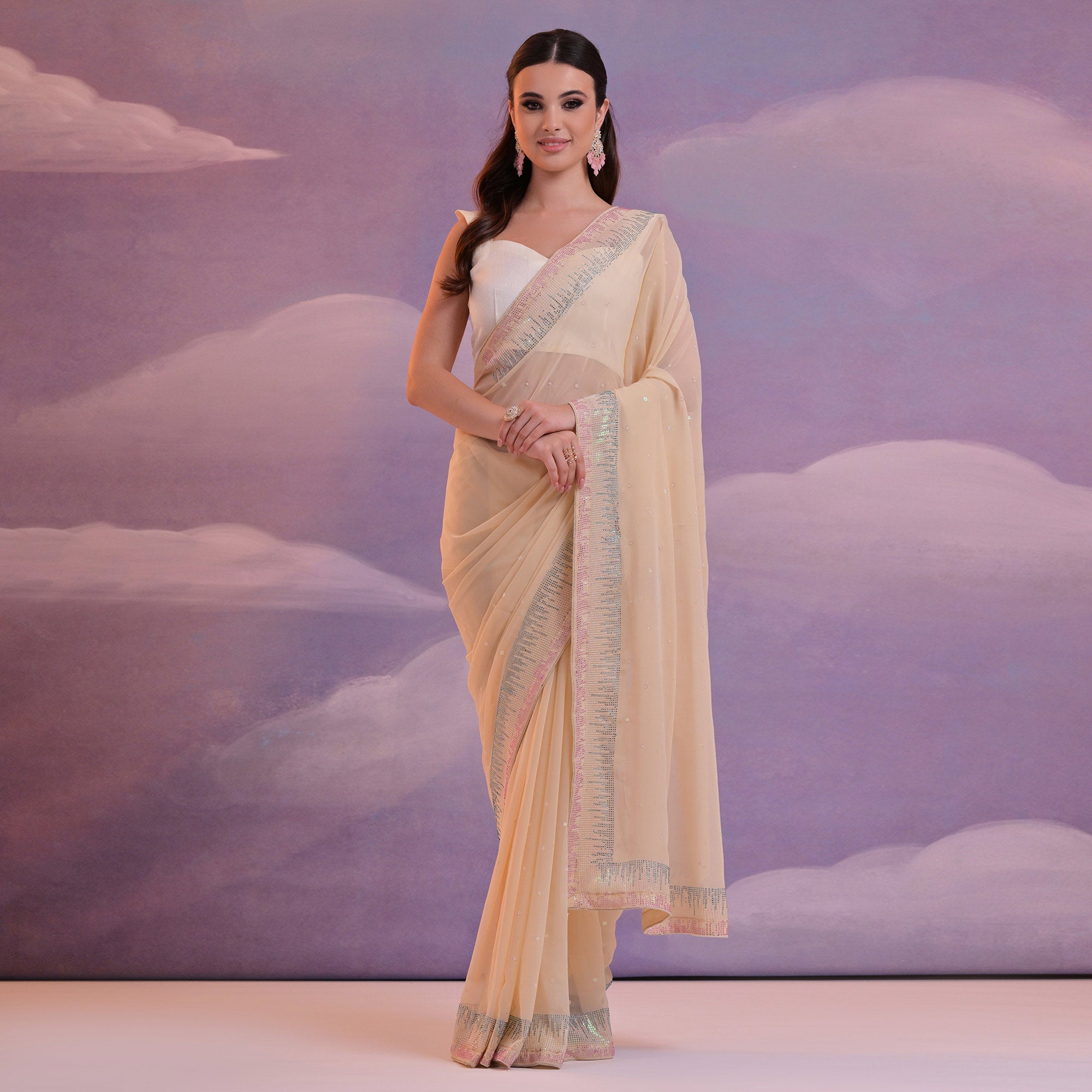 Cream Swarovski With Sequins Work Georgette Saree